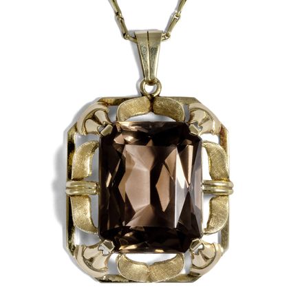 Vintage Gold-Anhänger mit Rauchquarz an Kette, um 1950 Vintage Gold-Anhänger mit Rauchquarz an Kette, um 1950
