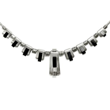 Seltenes Art Déco-Collier mit Diamant & Onyx in Weißgold, um 1930 Seltenes Art Déco-Collier mit Diamant & Onyx in Weißgold, um 1930