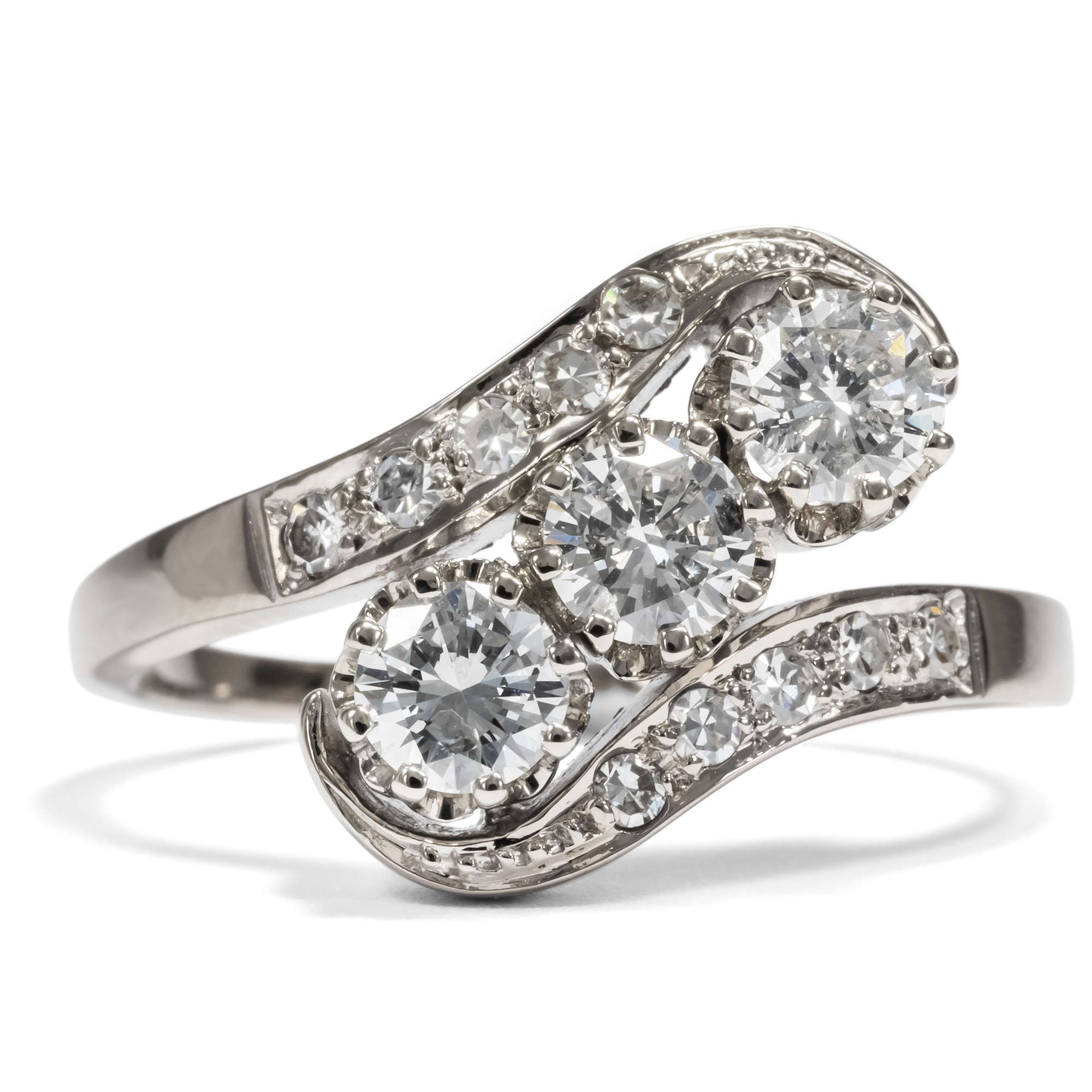 Luxury Vintage Trilogy Ring With Diamonds in White Gold, ca. 1965