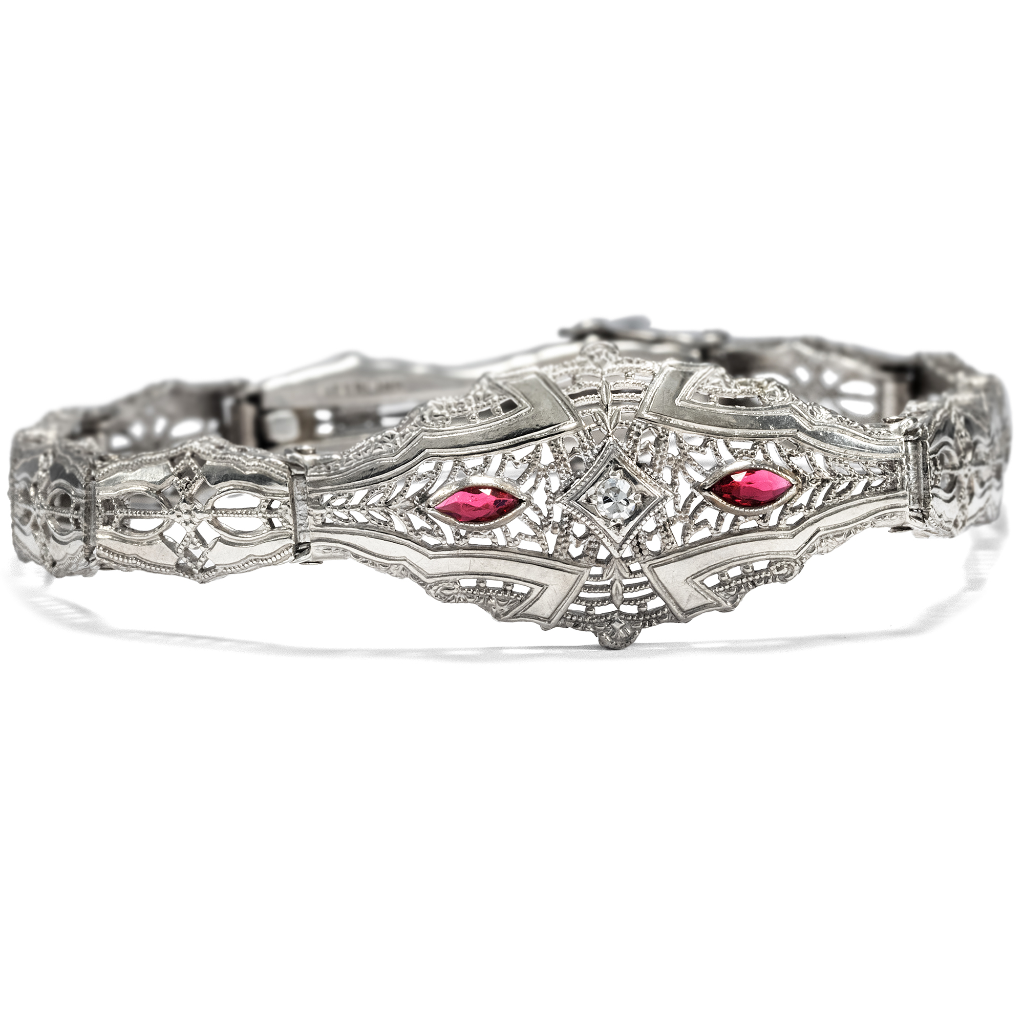 Filigranes Armband des Art Déco mit Diamant & roten Glaspasten in Silber, USA um 1930