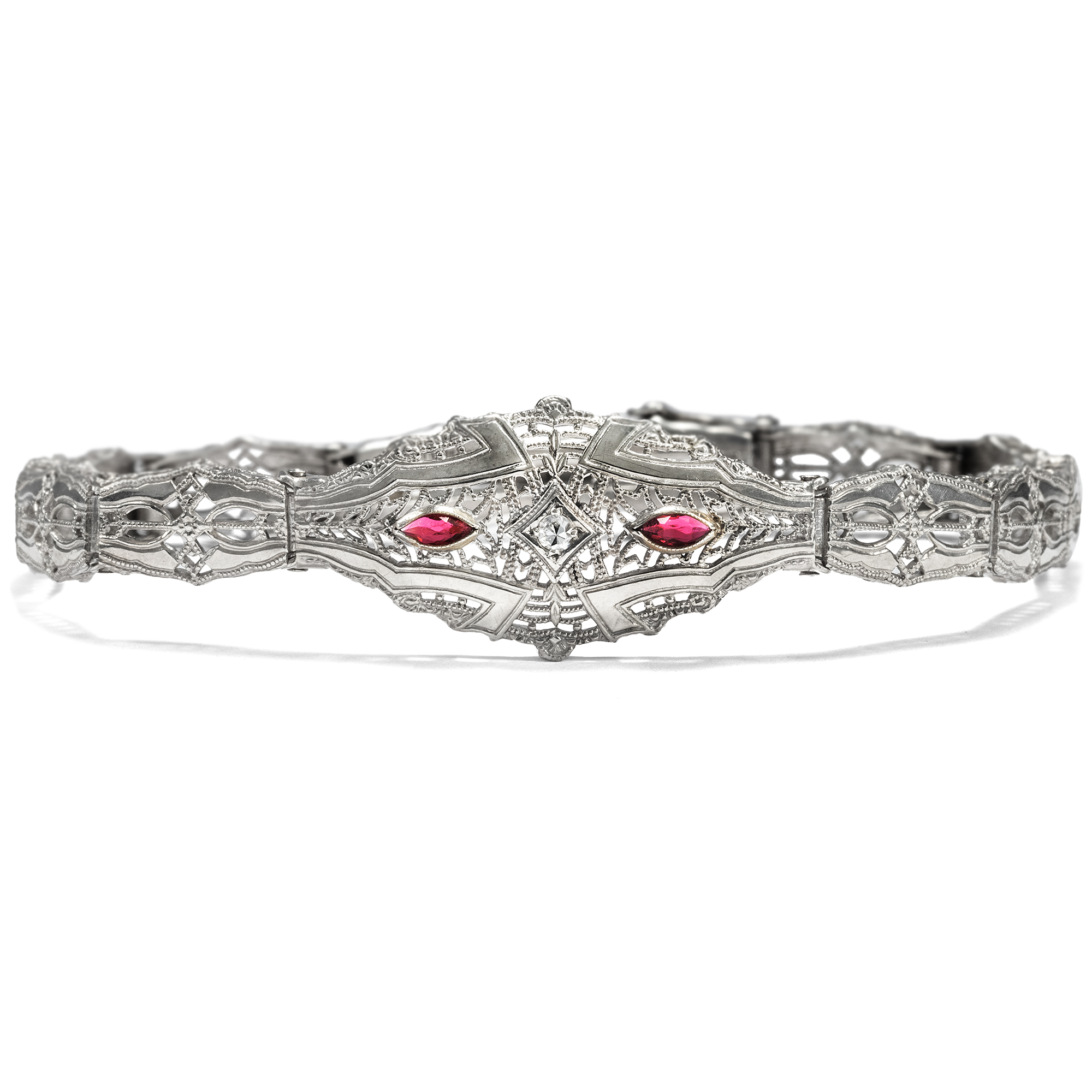 Filigranes Armband des Art Déco mit Diamant & roten Glaspasten in Silber, USA um 1930