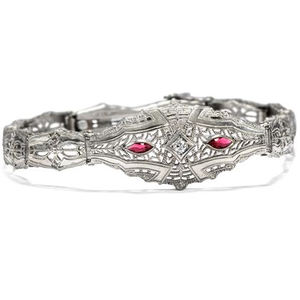 Filigranes Armband des Art Déco mit Diamant & roten Glaspasten in Silber, USA um 1930 Filigranes Armband des Art Déco mit Diamant & roten Glaspasten in Silber, USA um 1930