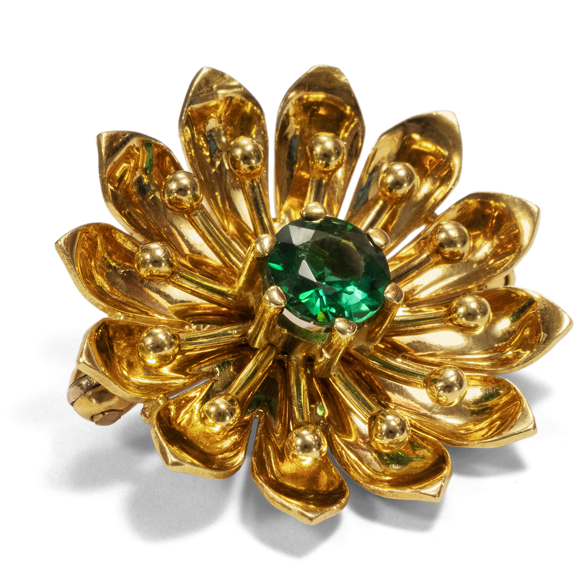 Floral Vintage Gold Brooch with Tourmaline, Pforzheim c. 1955