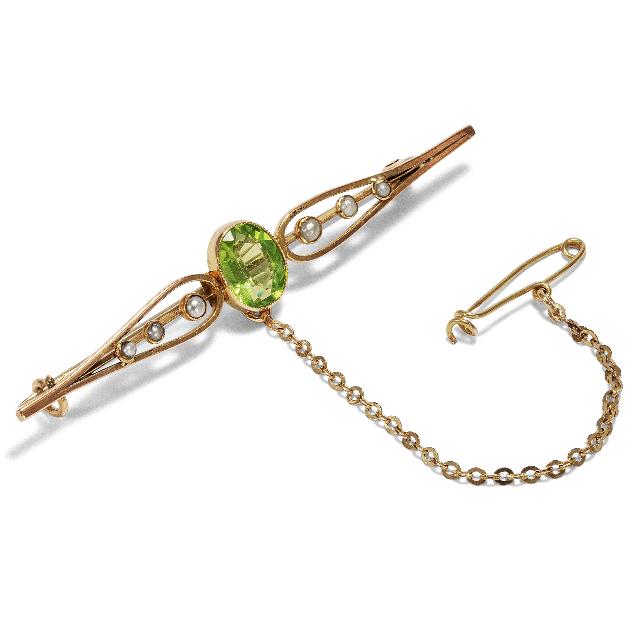 Edwardianische Brosche mit Peridot & Perlen in Gold, um 1905 Edwardianische Brosche mit Peridot & Perlen in Gold, um 1905
