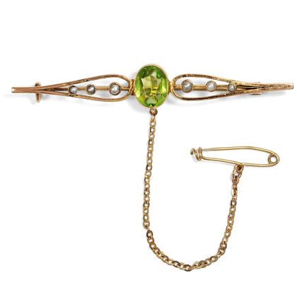 Edwardianische Brosche mit Peridot & Perlen in Gold, um 1905 Edwardianische Brosche mit Peridot & Perlen in Gold, um 1905