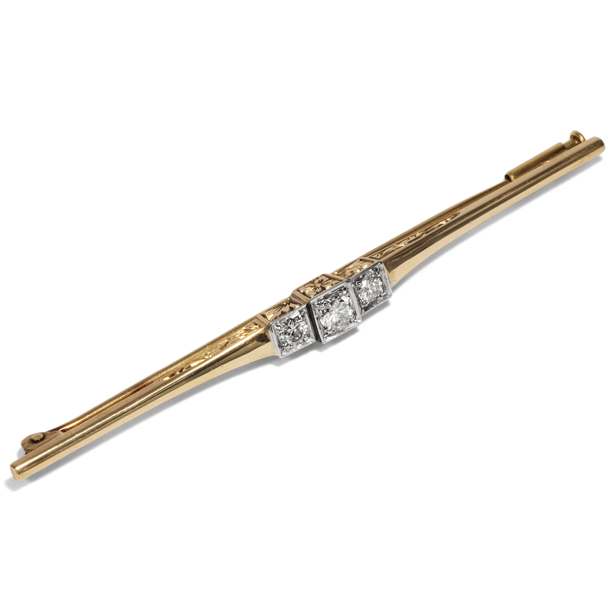 Elegante Stabnadel mit drei Diamanten in Gold & Platin, um 1935