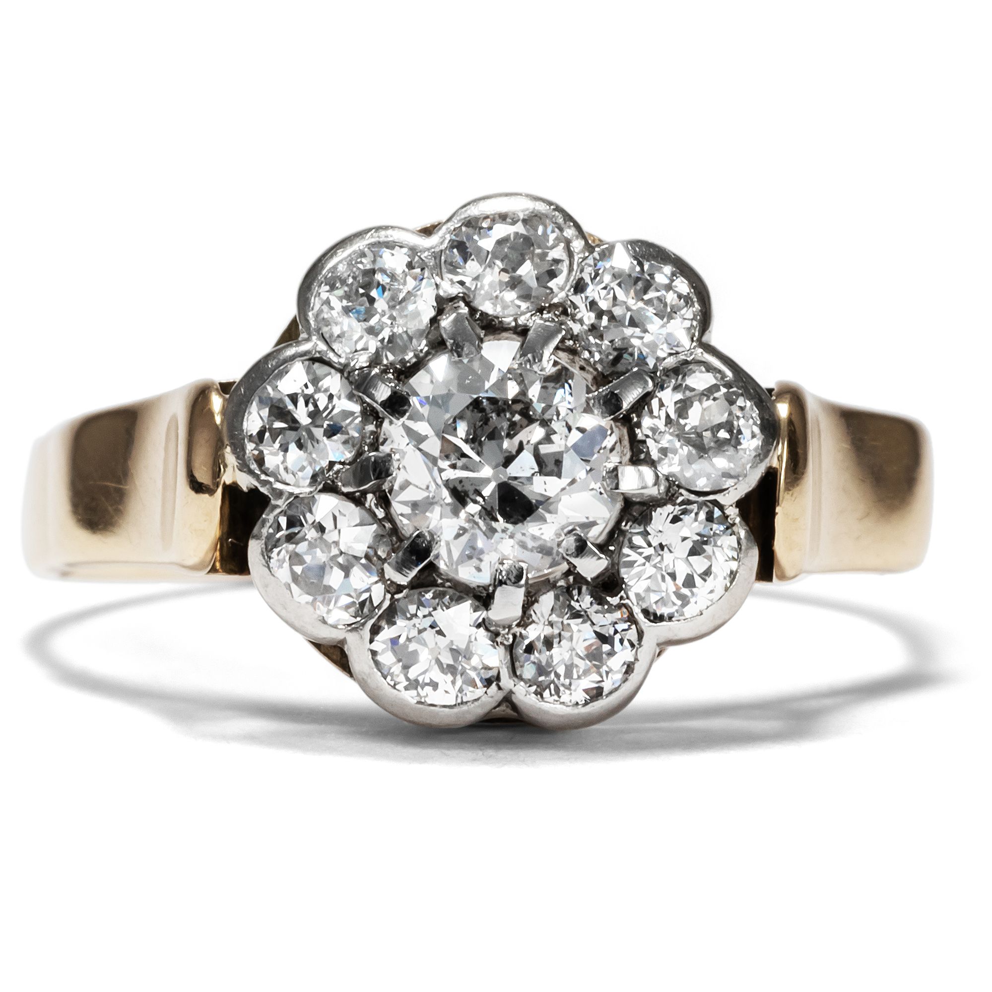Unikater Daisy-Ring mit antiken Diamanten in Gold & Platin, um 1900 & 1950 Unikater Daisy-Ring mit antiken Diamanten in Gold & Platin, um 1900 & 1950