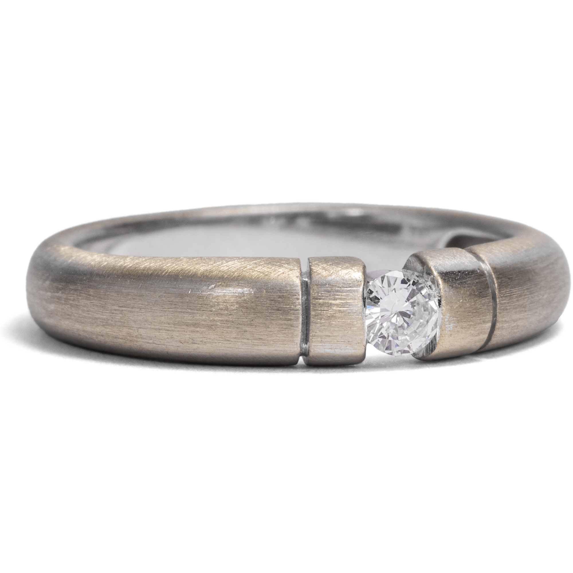 Vintage Band Ring With Diamond Solitaire in Frosted Grey Gold, Germany ca. 1990