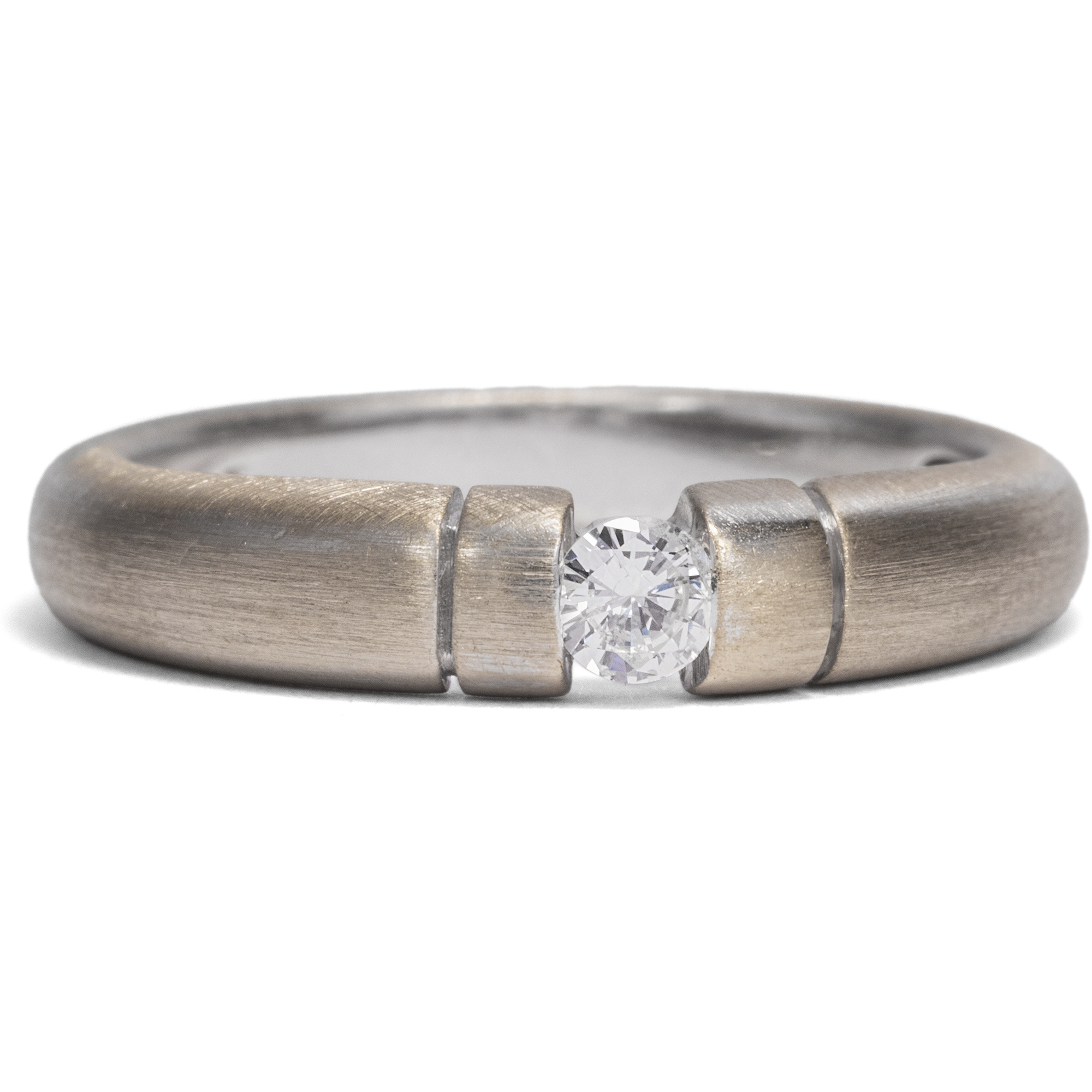 Vintage Band Ring With Diamond Solitaire in Frosted Grey Gold, Germany ca. 1990