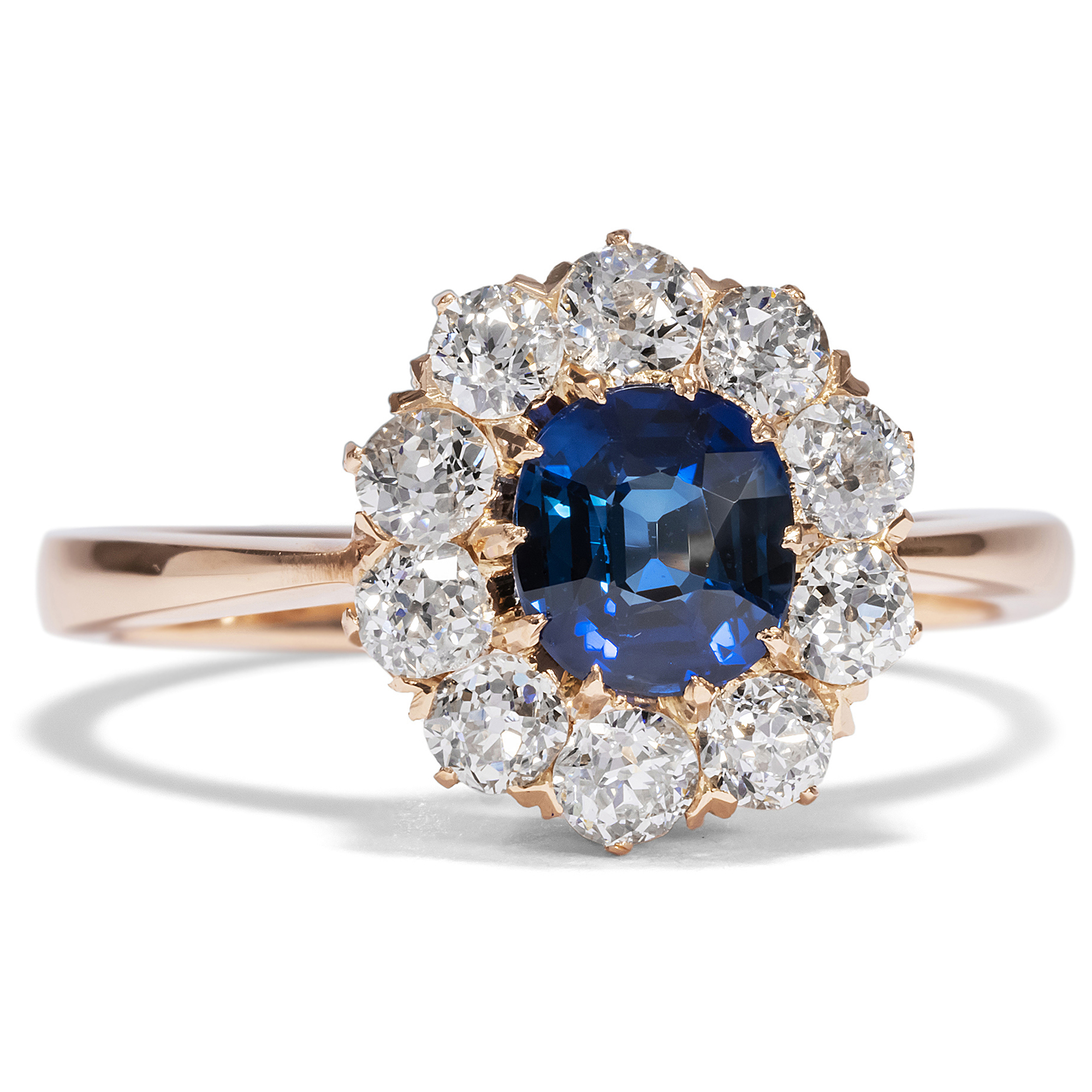 Antiker Entourage-Ring mit blauem Saphir & Diamanten in Rotgold, um 1890