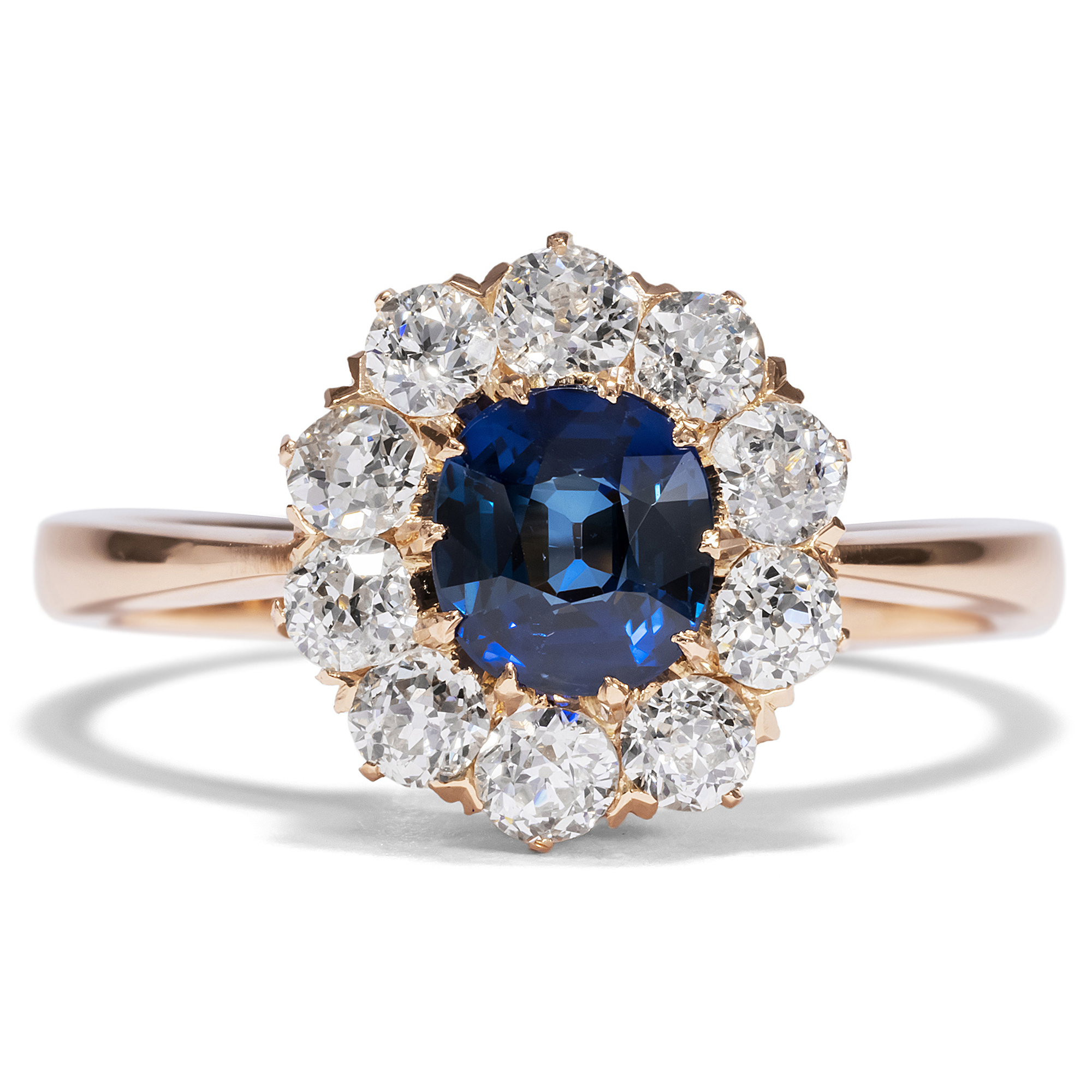 Antique Entourage Ring with Blue Sapphire & Diamonds in Rosé Gold, ca. 1890