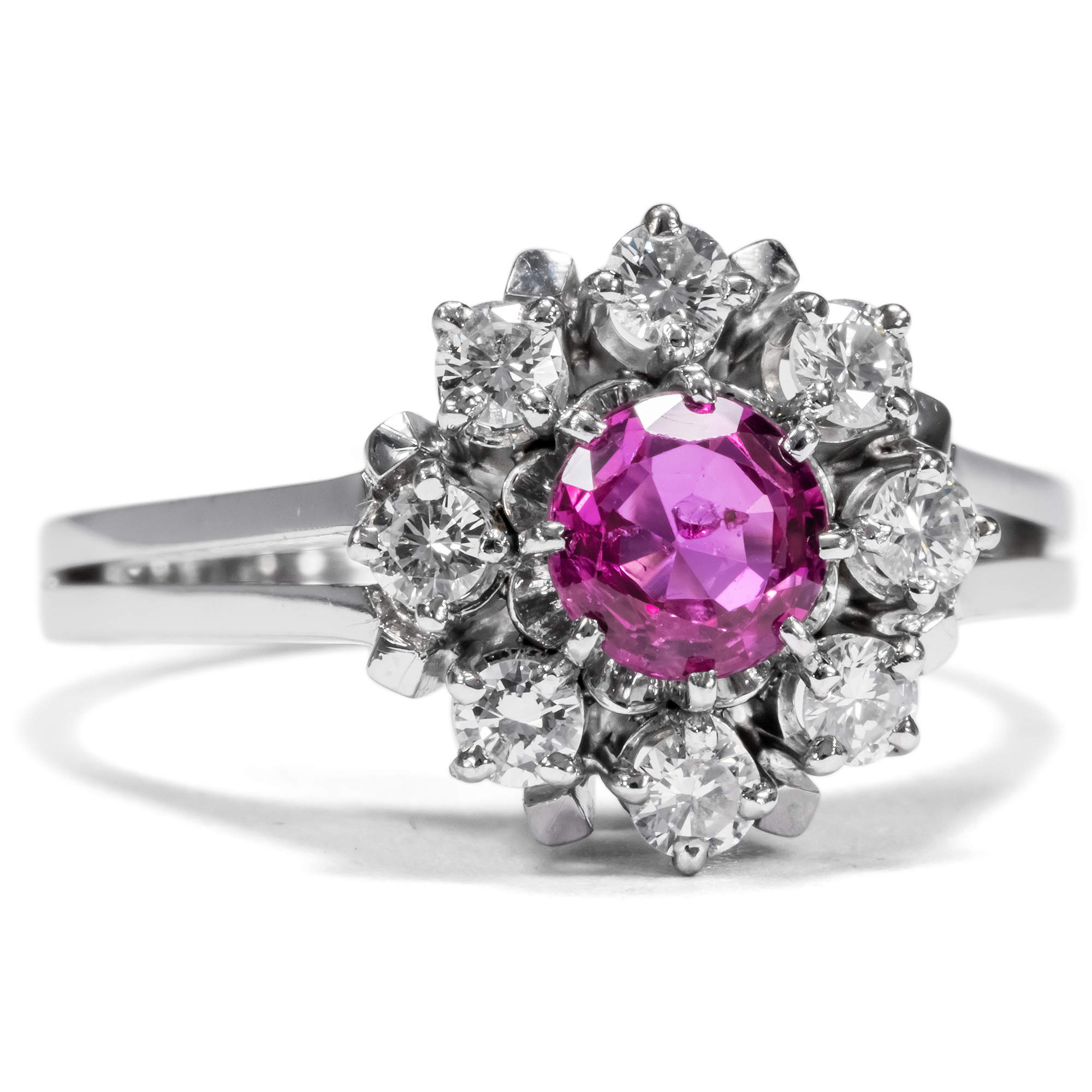 Vintage Ring With Pink Burma Sapphire & Diamonds in White Gold, ca. 1975