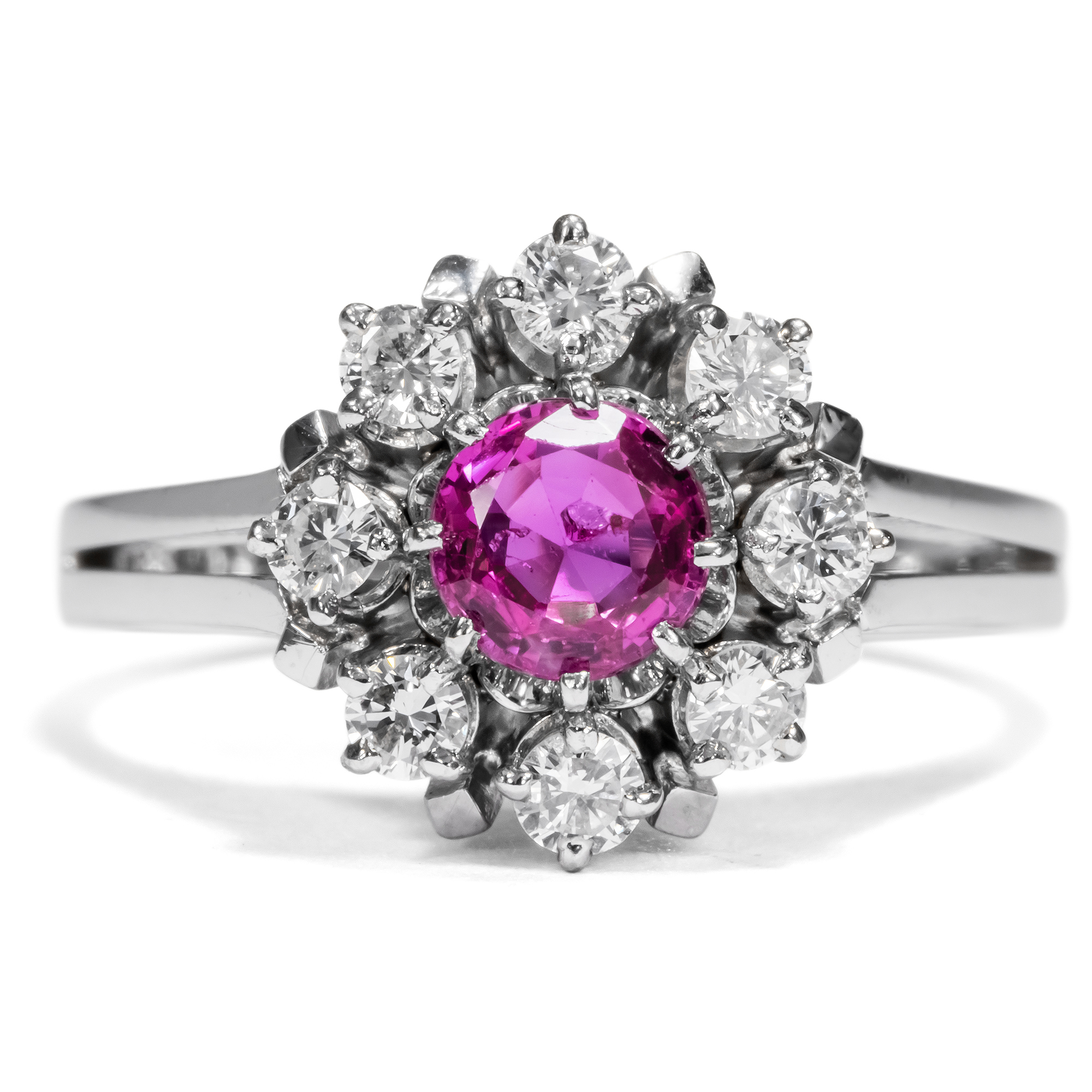 Vintage Ring With Pink Burma Sapphire & Diamonds in White Gold, ca. 1975