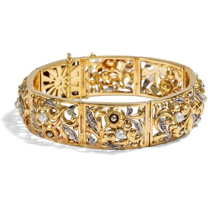 Hochwertiges „Gemüse“-Armband mit Perlen in Gold, um 1950 Hochwertiges „Gemüse“-Armband mit Perlen in Gold, um 1950