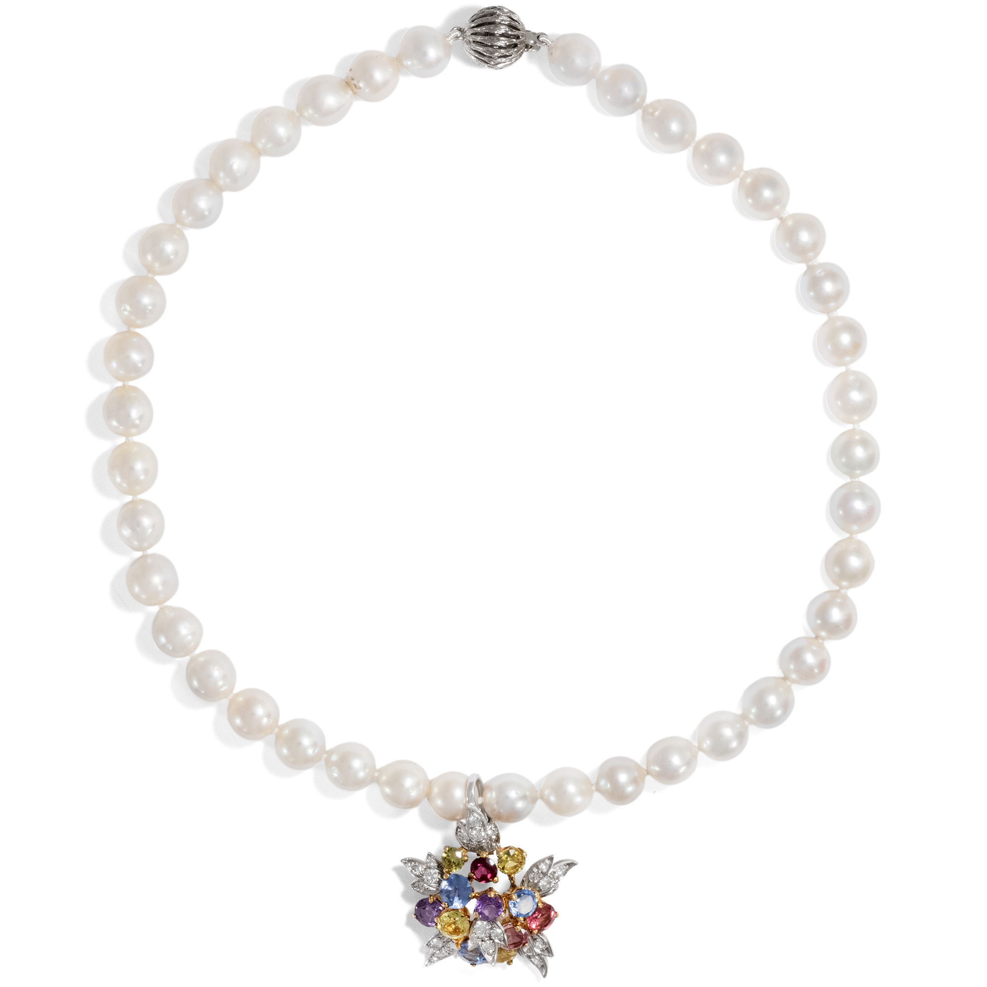 Luxurious Pearl Necklace with Gem-Set Pendant, Schoeffel/René Kern, circa 1975