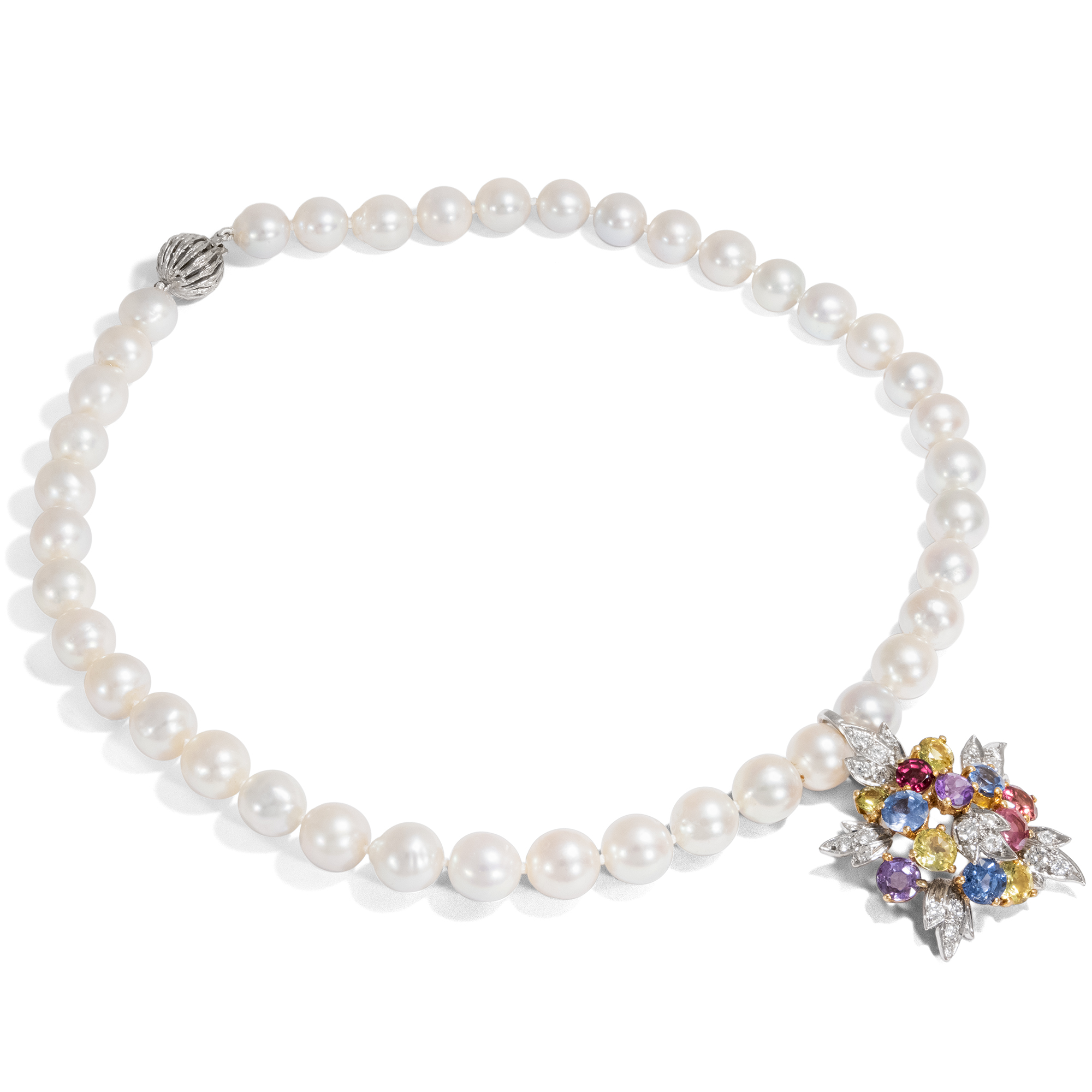 Luxurious Pearl Necklace with Gem-Set Pendant, Schoeffel/René Kern, circa 1975