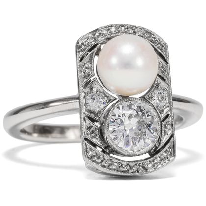 Kostbarer Toi-et-Moi-Ring mit 1,00 ct Altschliff-Diamant & Perle, 1920er Jahre & später Kostbarer Toi-et-Moi-Ring mit 1,00 ct Altschliff-Diamant & Perle, 1920er Jahre & später