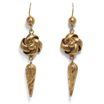 Antike Gold-Ohrringe mit Liebesknotenmotiv, England um 1875 Antike Gold-Ohrringe mit Liebesknotenmotiv, England um 1875