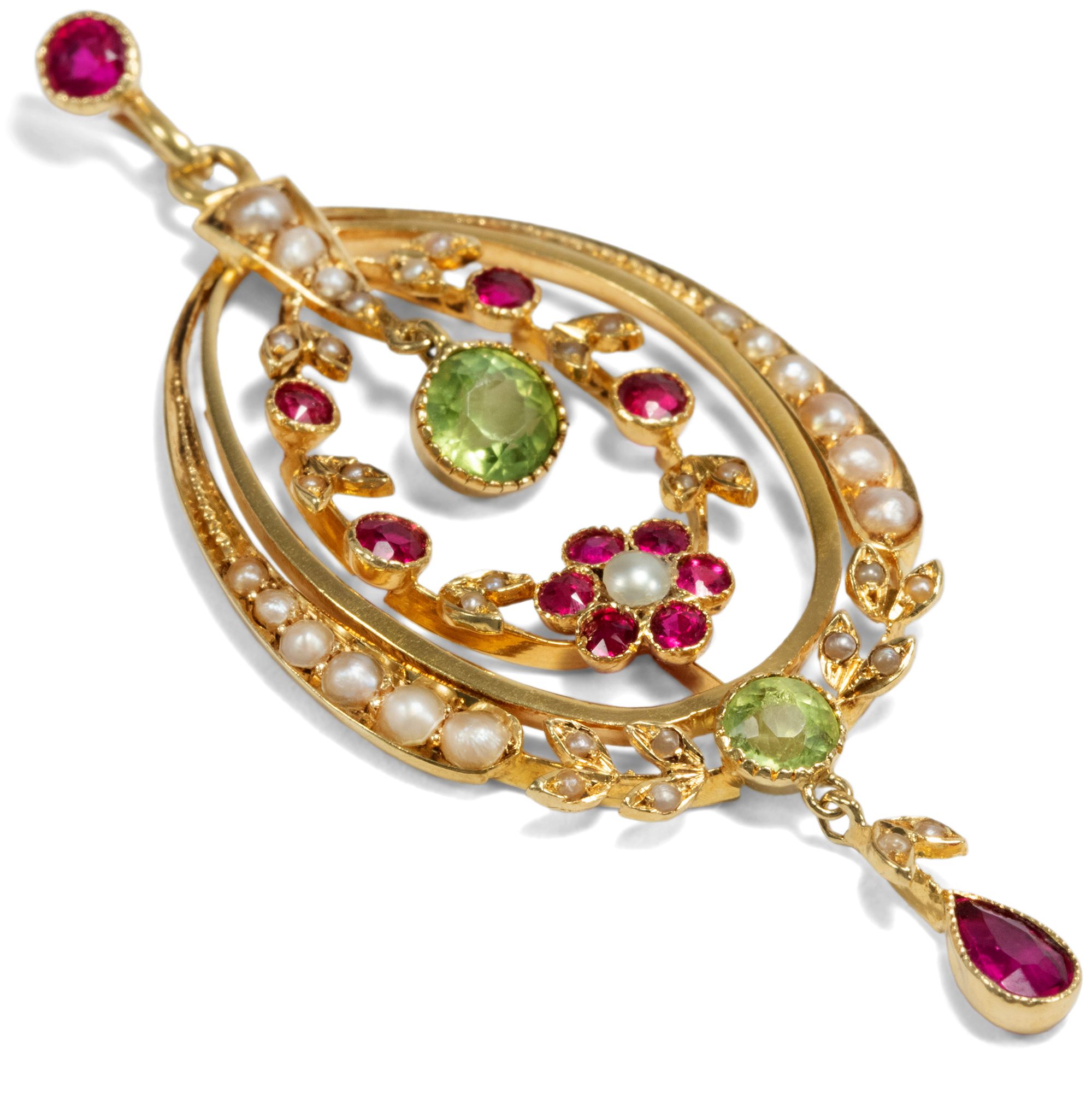 Viktorianischer Anhänger mit Rubinen, Peridots & Perlen in Gold, um 1900 Viktorianischer Anhänger mit Rubinen, Peridots & Perlen in Gold, um 1900