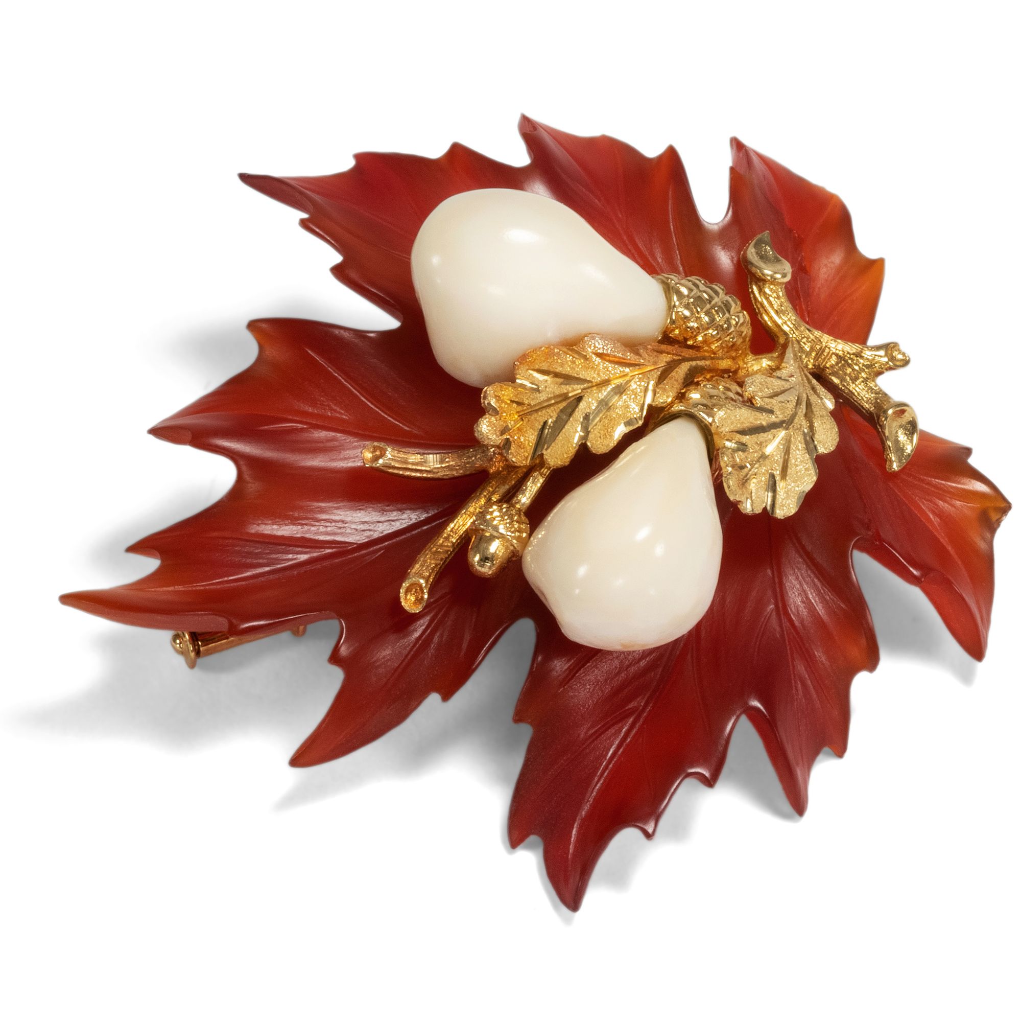 Naturalistic Vintage Brooch Of Carnelian, Deer Bones & Gold, Circa 1970