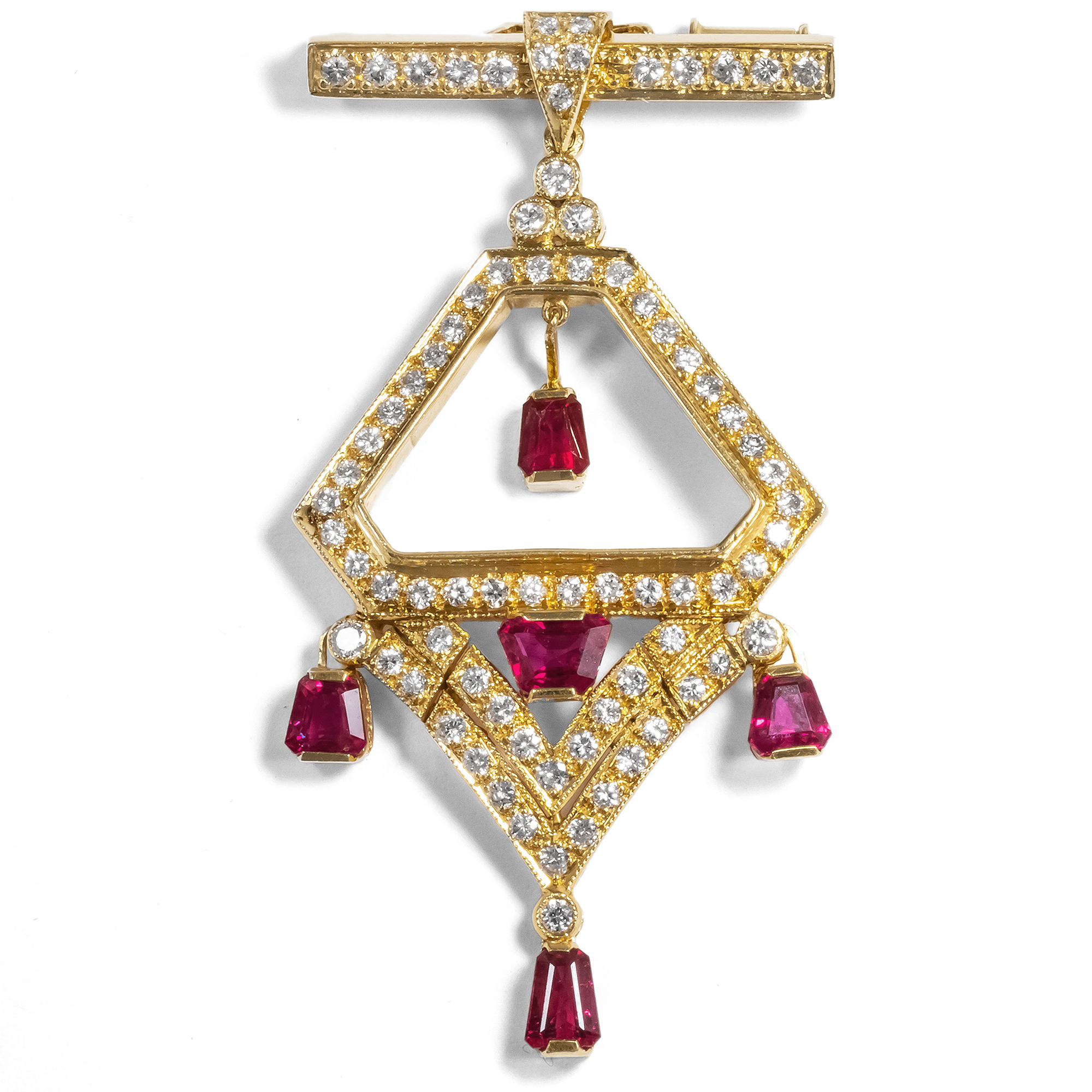 Precious Vintage Pendant/Brooch With Rubies & Diamonds In Gold, 1980s