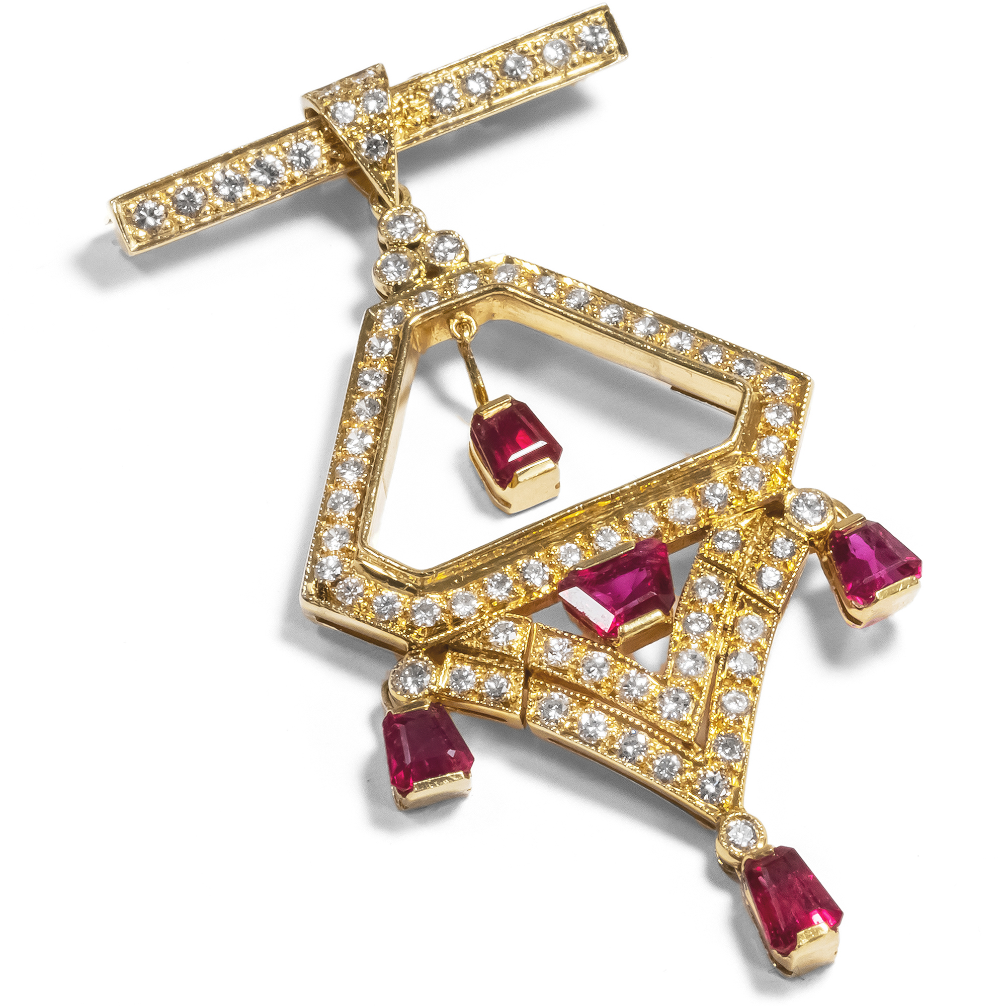 Precious Vintage Pendant/Brooch With Rubies & Diamonds In Gold, 1980s