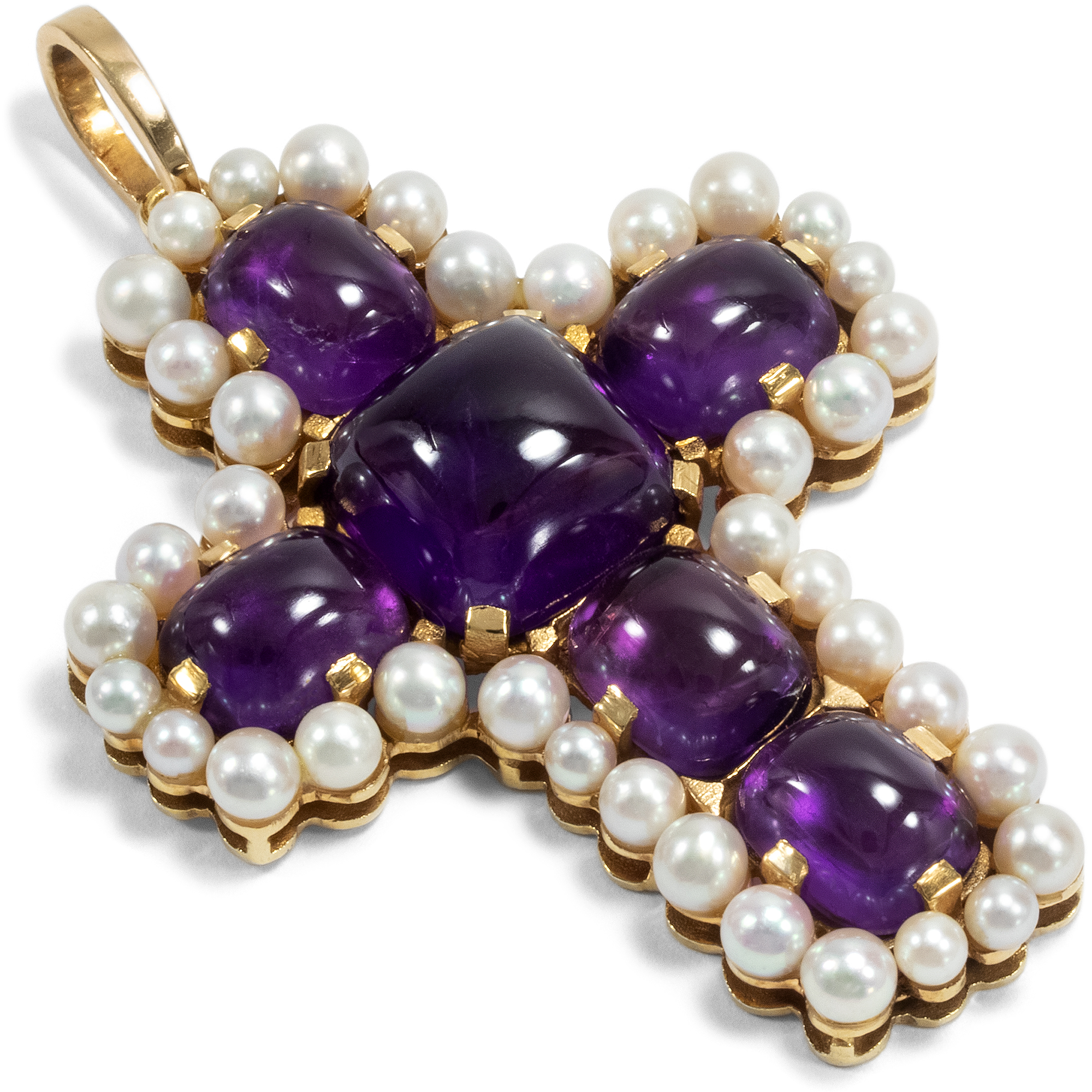 Vintage Kreuz-Anhänger mit Amethysten & Perlen in Gold, um 1985 Vintage Kreuz-Anhänger mit Amethysten & Perlen in Gold, um 1985