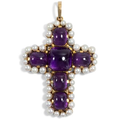Vintage Kreuz-Anhänger mit Amethysten & Perlen in Gold, um 1985 Vintage Kreuz-Anhänger mit Amethysten & Perlen in Gold, um 1985