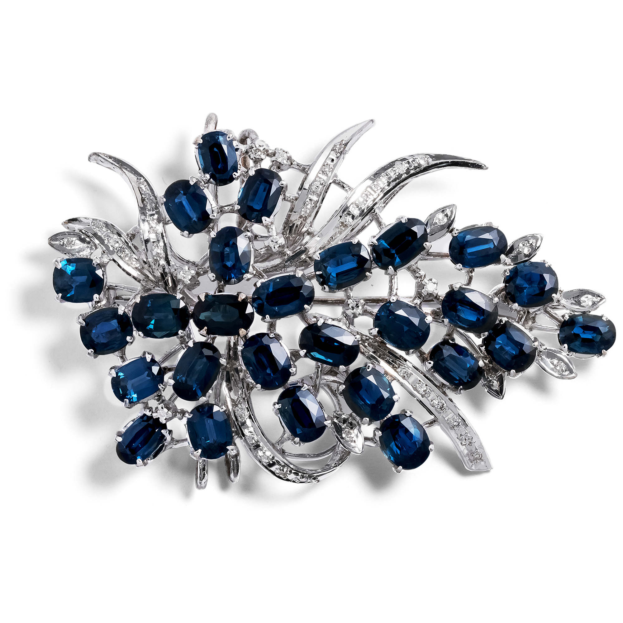 Splendid Silver Brooch with Blue Sapphires & Diamonds, ca. 1965