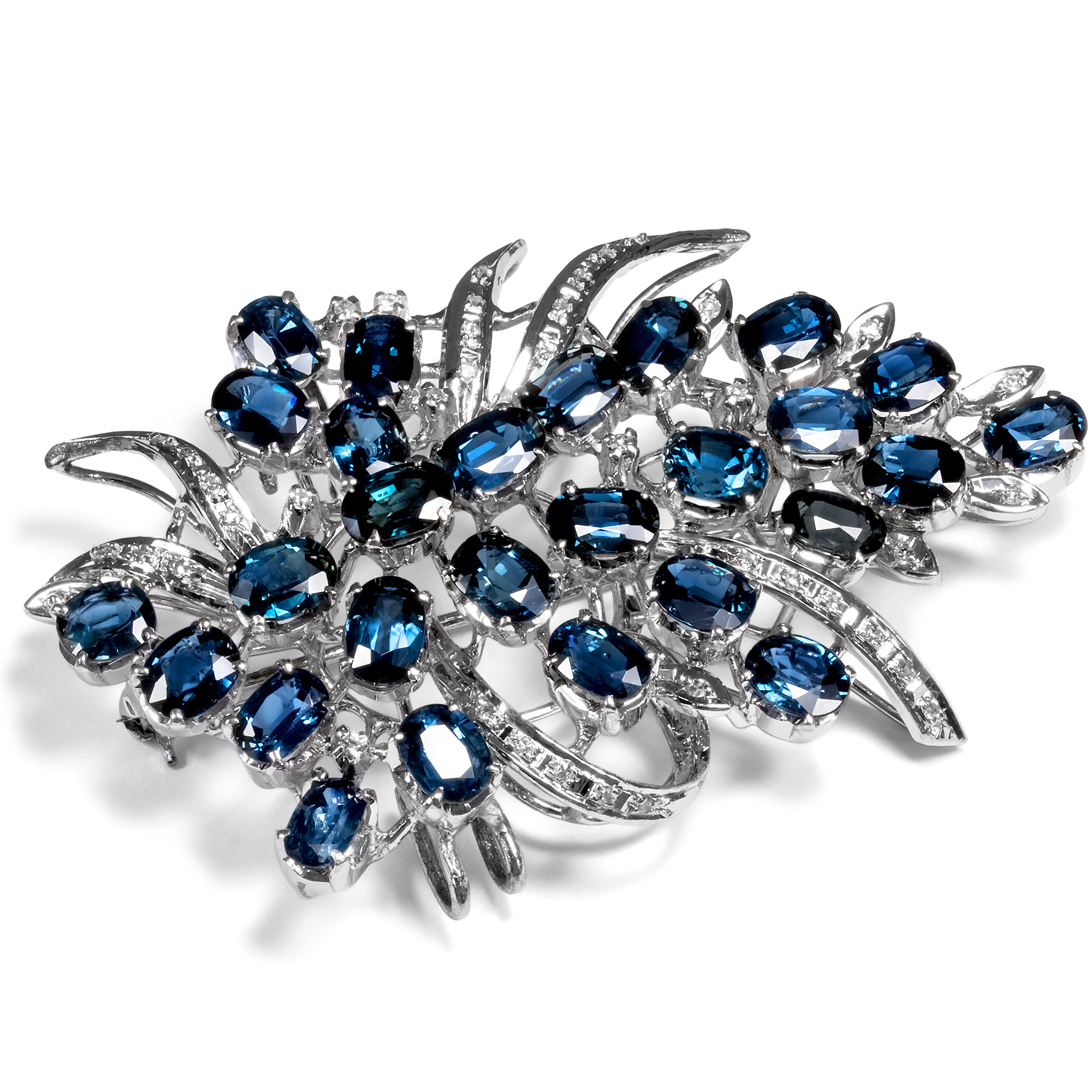 Splendid Silver Brooch with Blue Sapphires & Diamonds, ca. 1965