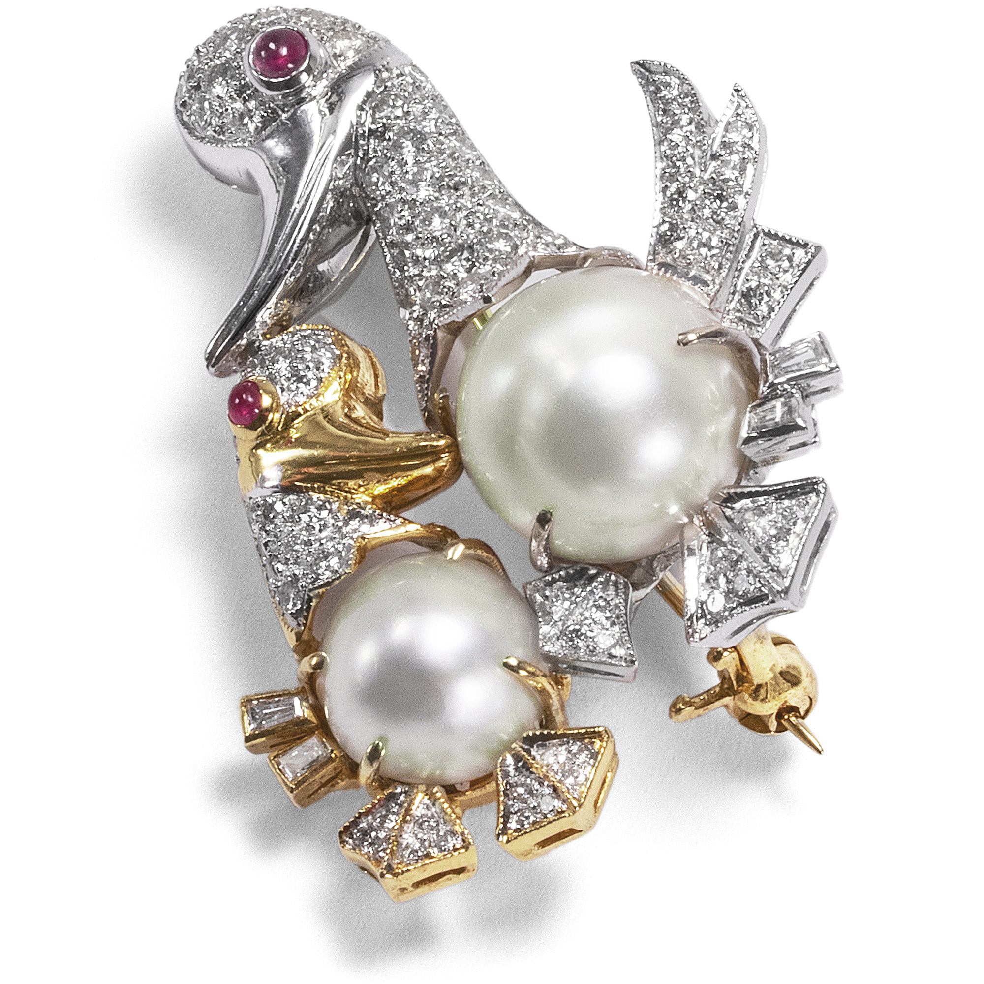 Funny Vintage Brooch With Pearls & Diamonds In Gold, Around 1980