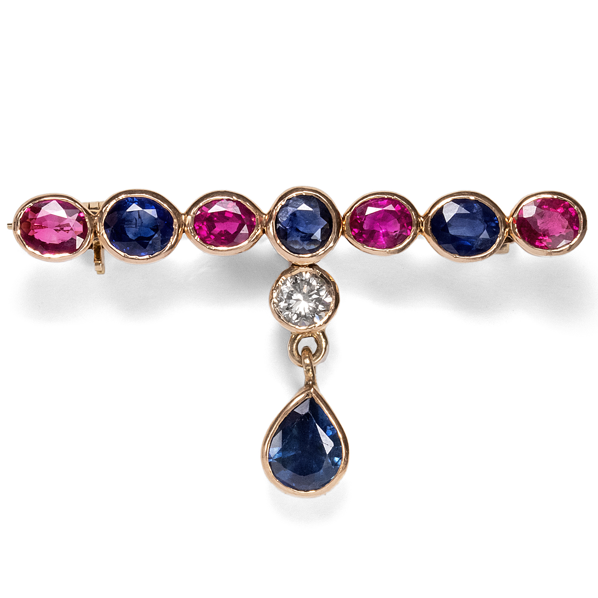 Colourful Vintage Ruby & Sapphire Gold Brooch, c. 1985