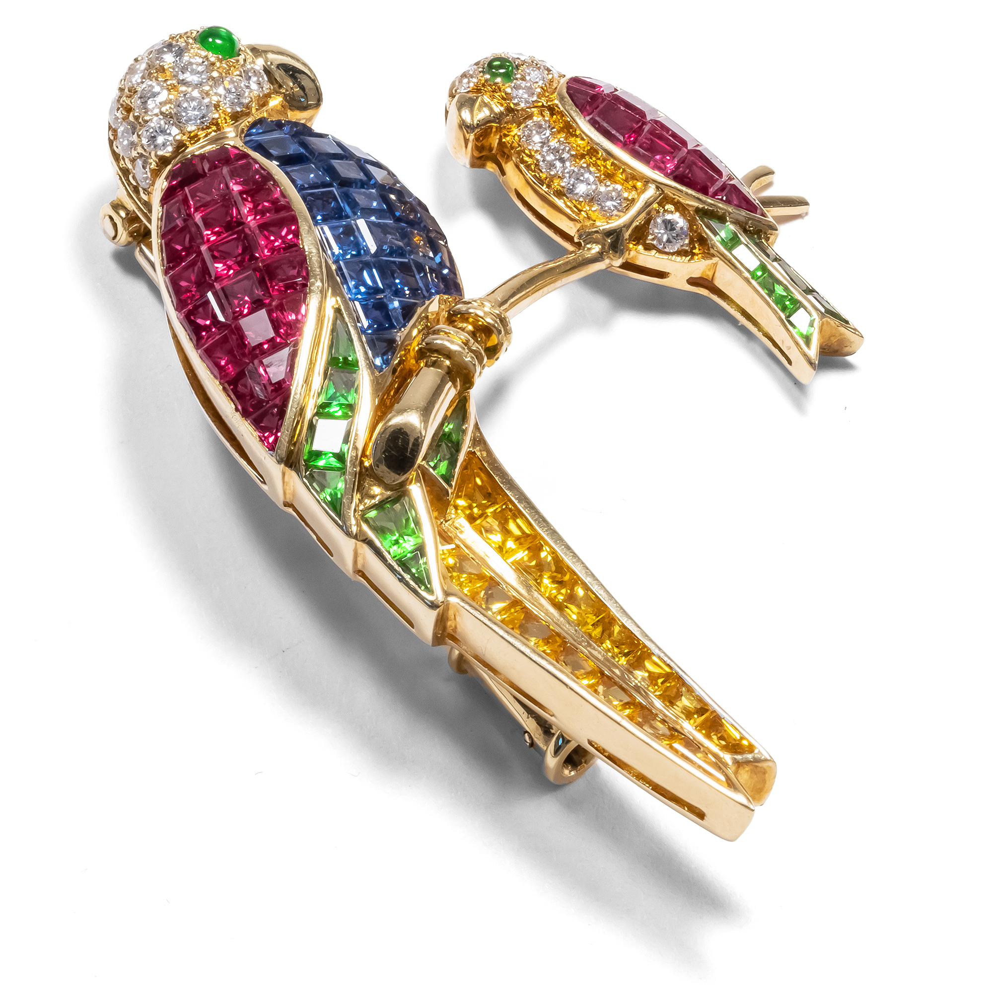 Marvellous Diamond & Colored Stone Brooch In "Mystery Setting", ca. 1985