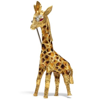 Vintage Clip-Brosche in Form einer Giraffe aus Gold & Email, um 1970 Vintage Clip-Brosche in Form einer Giraffe aus Gold & Email, um 1970