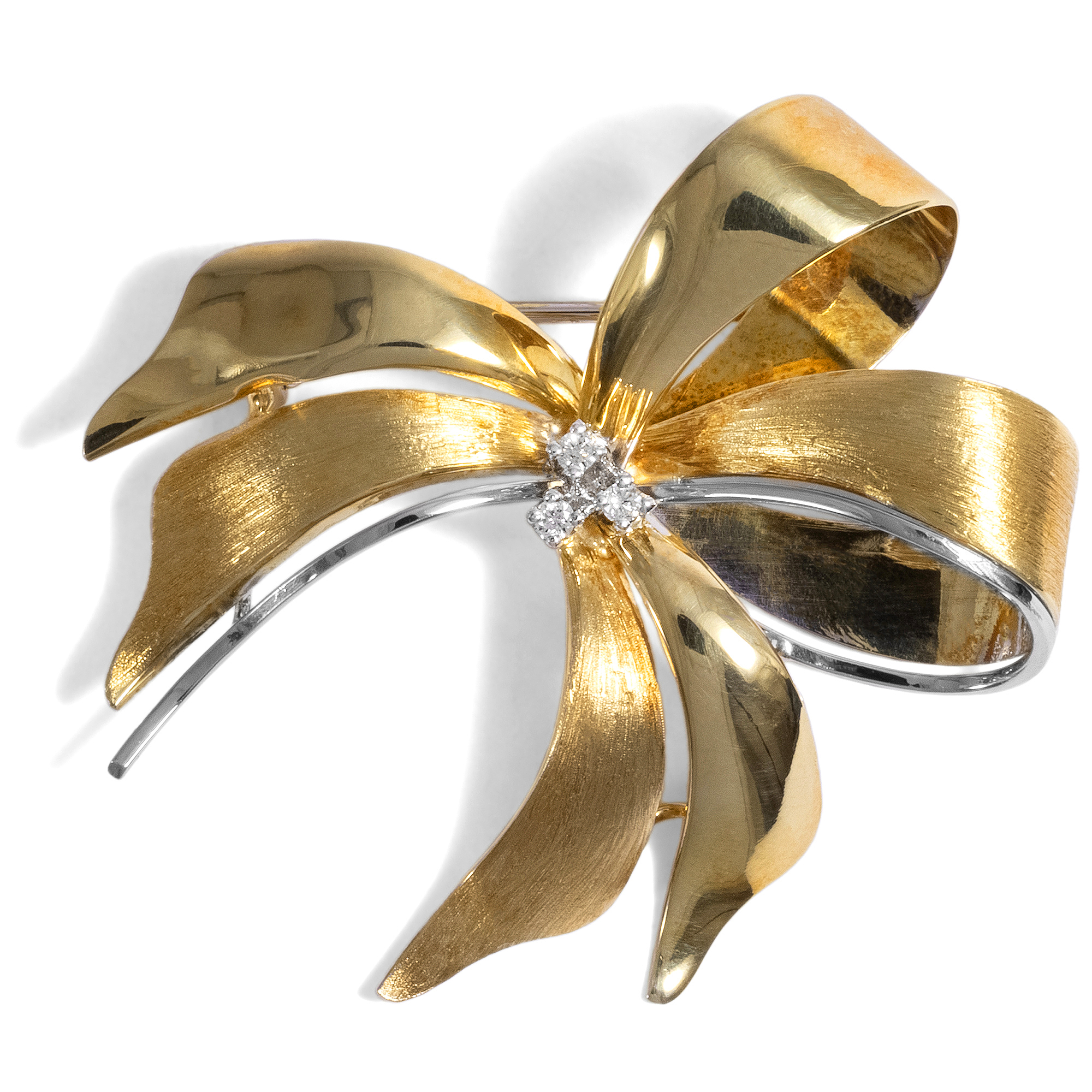 With a Bow • Elegant Vintage Brooch In Gold & Diamonds, ca. 1965 • Hofer  Antikschmuck