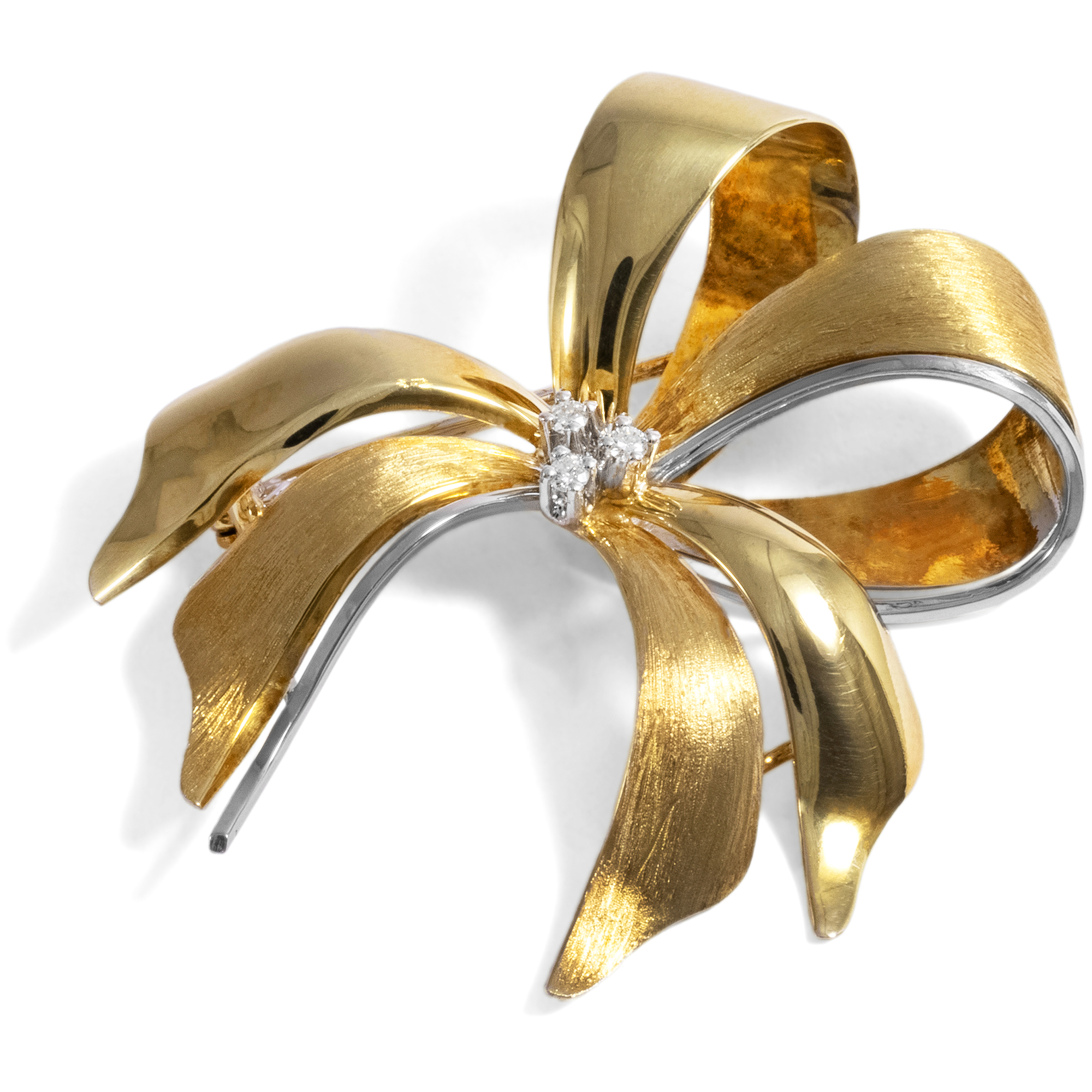 With a Bow • Elegant Vintage Brooch In Gold & Diamonds, ca. 1965 • Hofer  Antikschmuck