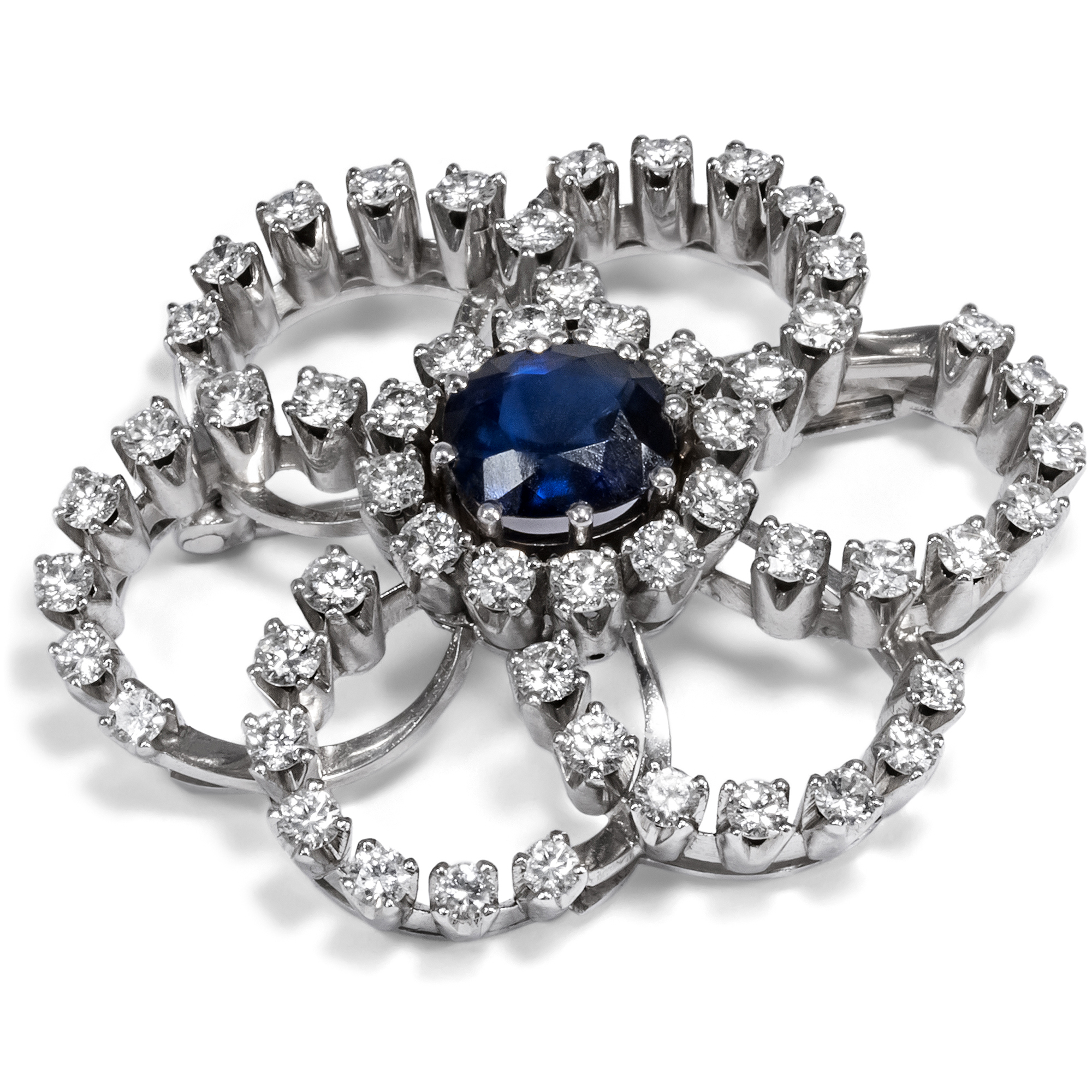 Exquisite Vintage Brooch With Untreated Sapphire & Diamonds, Late 1960s