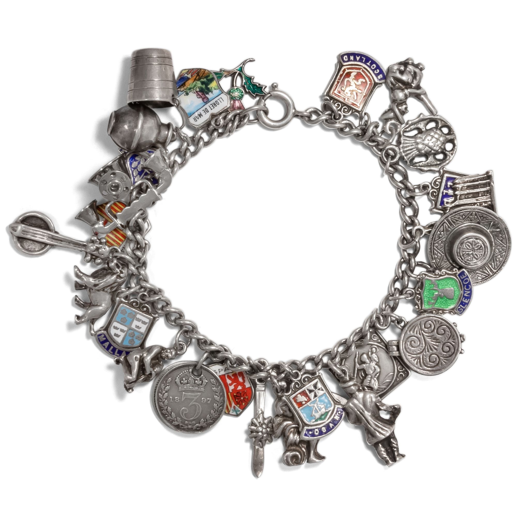 Lustiges Bettelarmband aus Silber mit 27 Anhängern, wohl Schottland um 1960 Lustiges Bettelarmband aus Silber mit 27 Anhängern, wohl Schottland um 1960