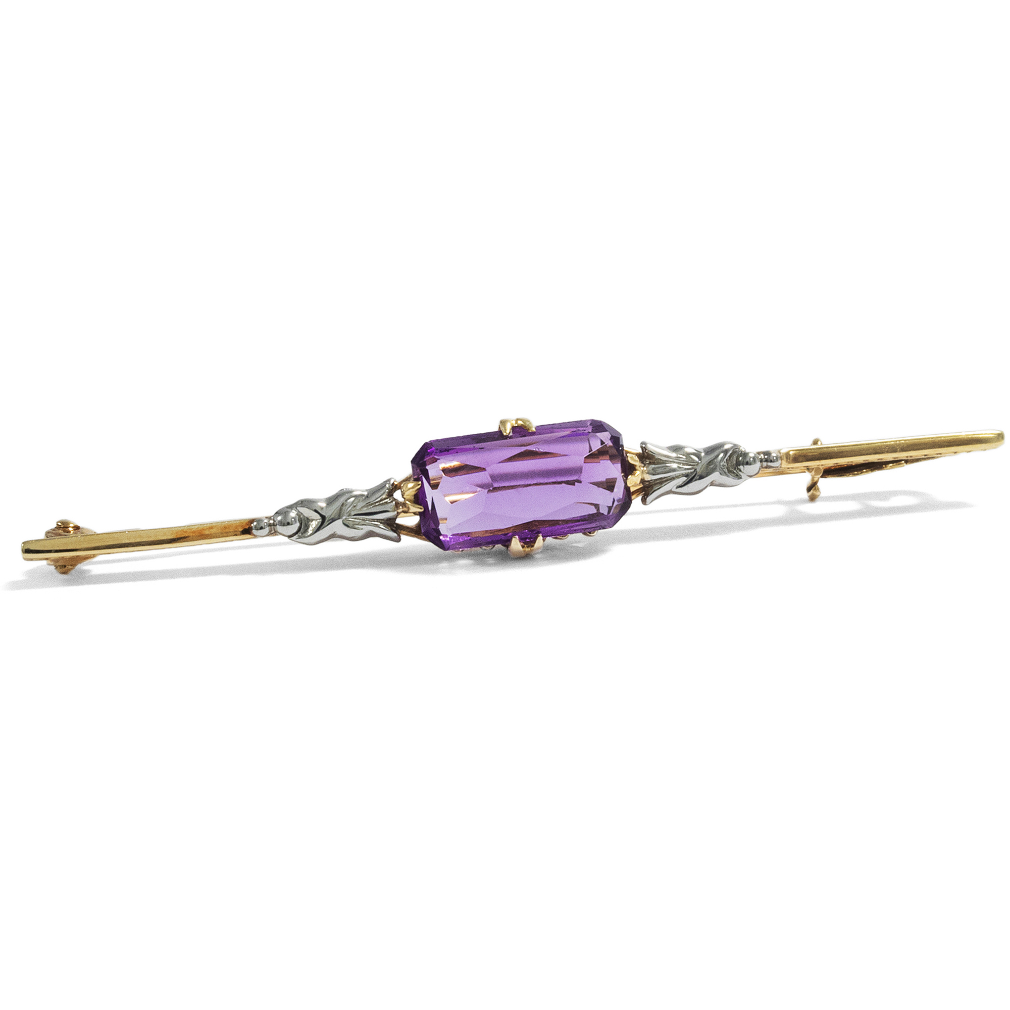 Elegante Art Déco Brosche mit Amethyst in Gold & Platin, um 1925 Elegante Art Déco Brosche mit Amethyst in Gold & Platin, um 1925