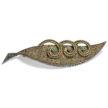 Schöne Brosche von Theodor Fahrner mit Türkisen & Markasiten, Pforzheim um 1955 Schöne Brosche von Theodor Fahrner mit Türkisen & Markasiten, Pforzheim um 1955