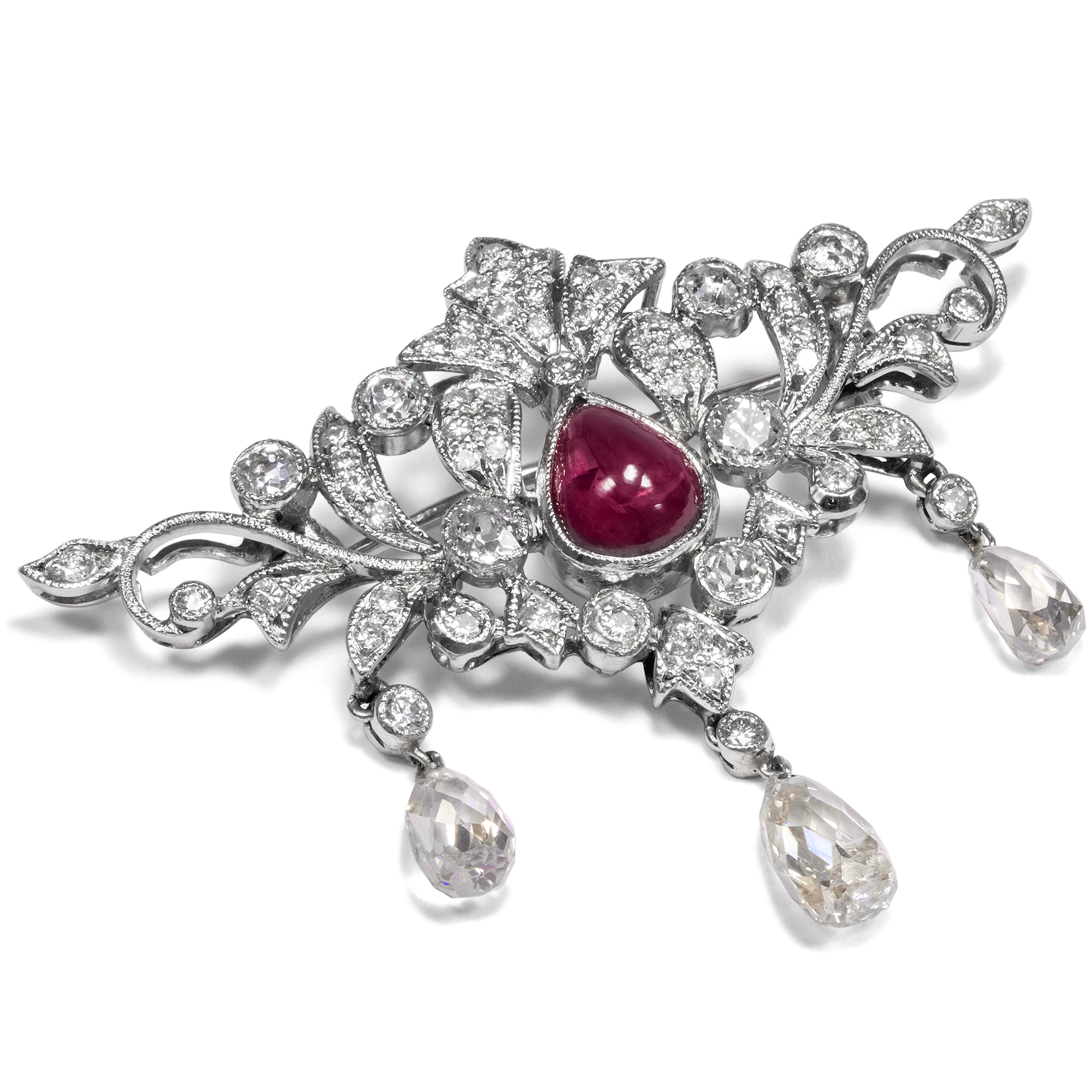 Precious Ruby & Diamond Brooch in Belle Époque Forms, ca. 1980