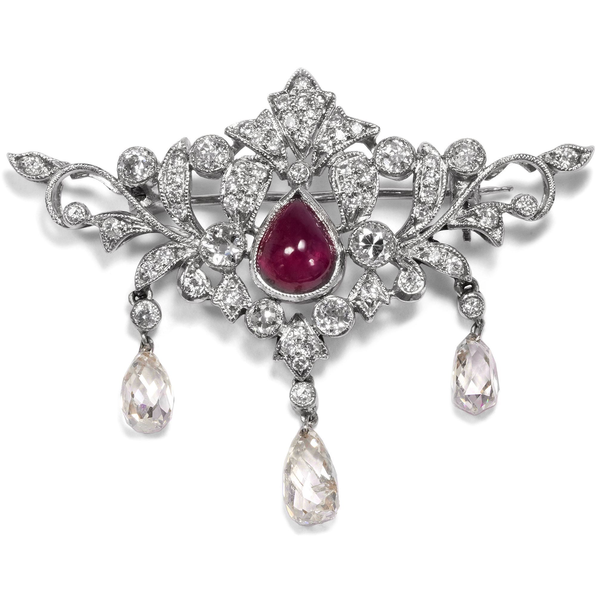 Precious Ruby & Diamond Brooch in Belle Époque Forms, ca. 1980