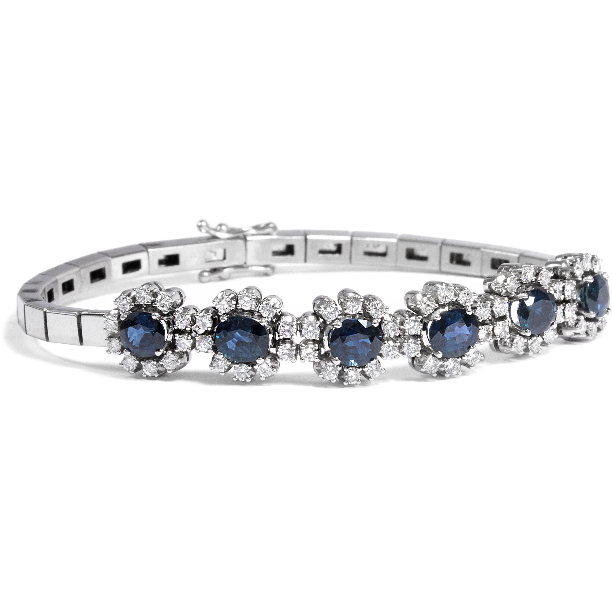 Elegant Vintage Bracelet With Sapphires & Diamonds In White Gold, Circa 1975