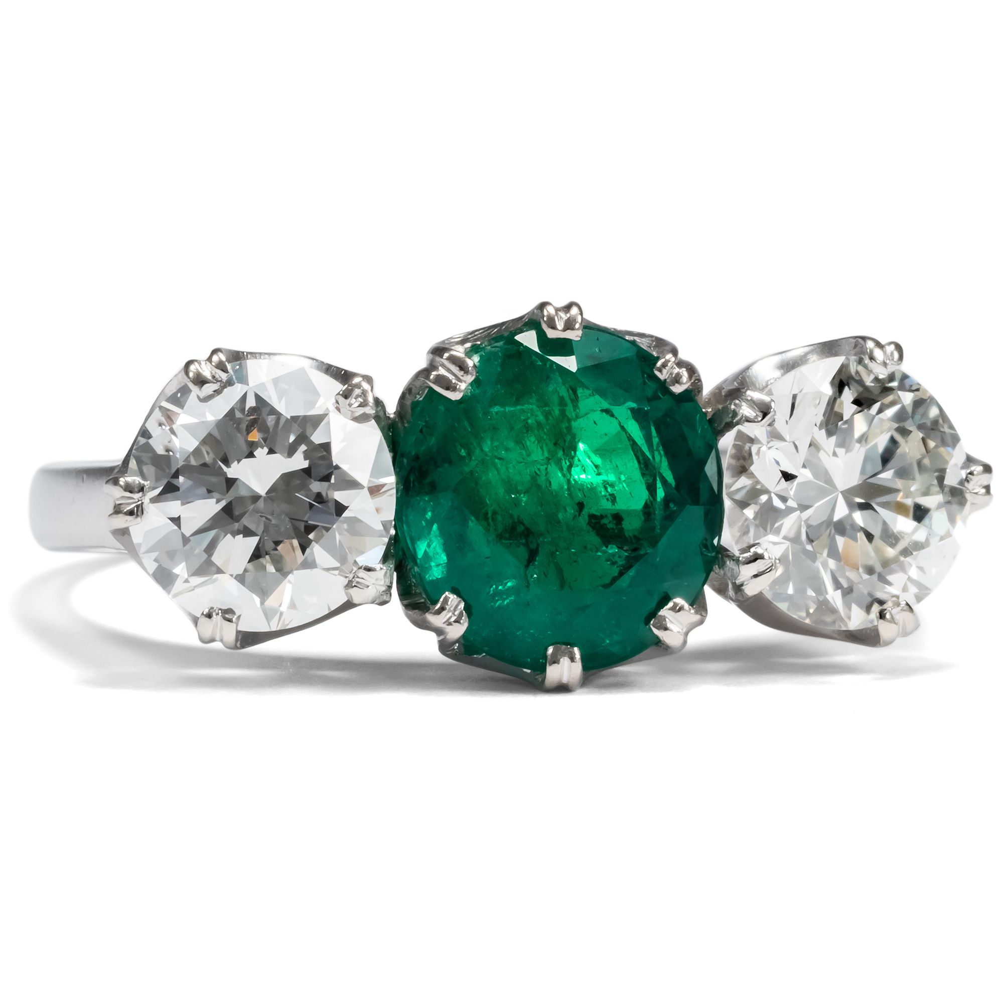 Vintage Ring With Colombian Emerald & Diamonds In White Gold, Vienna Circa 1955