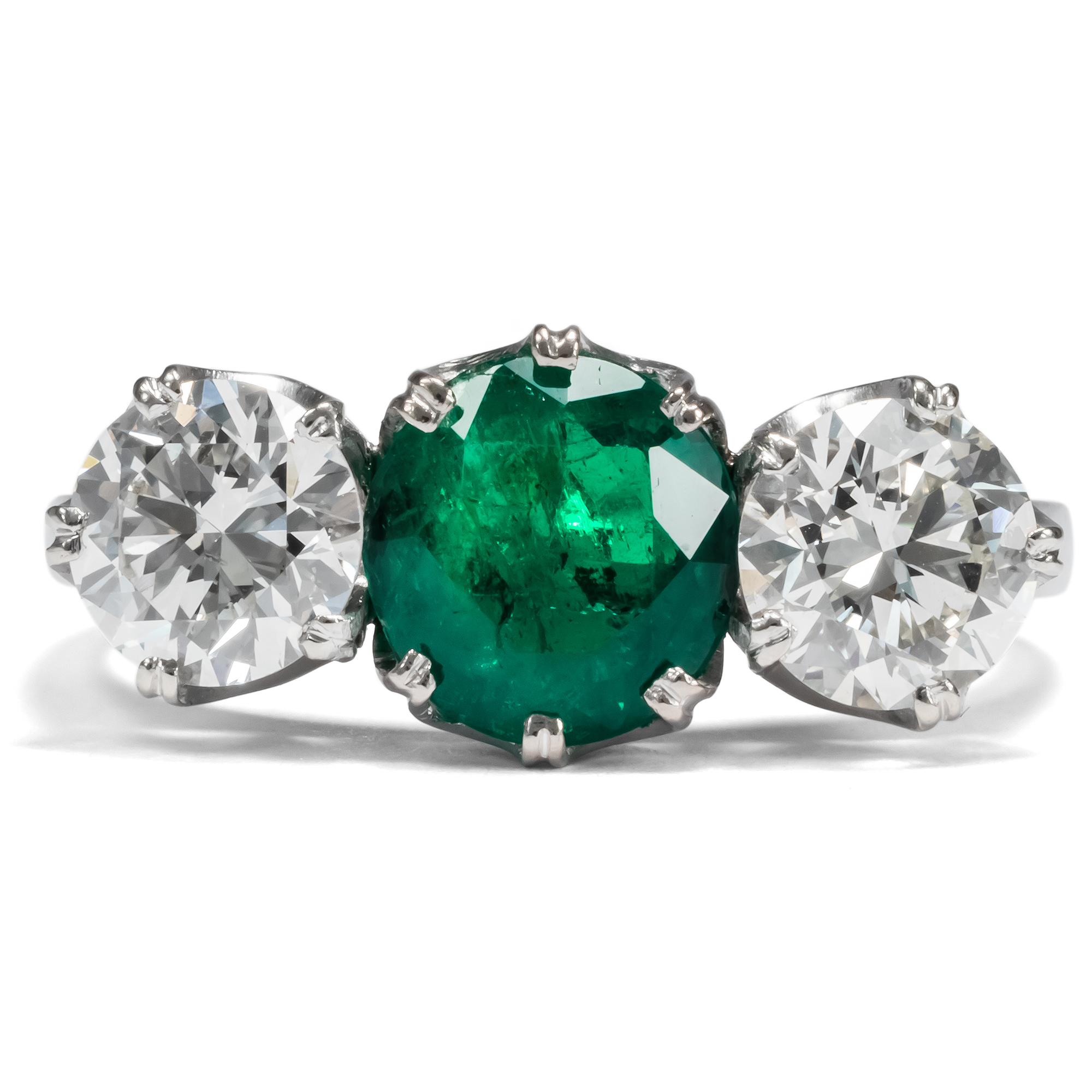 Vintage Ring With Colombian Emerald & Diamonds in White Gold, Vienna ca. 1955