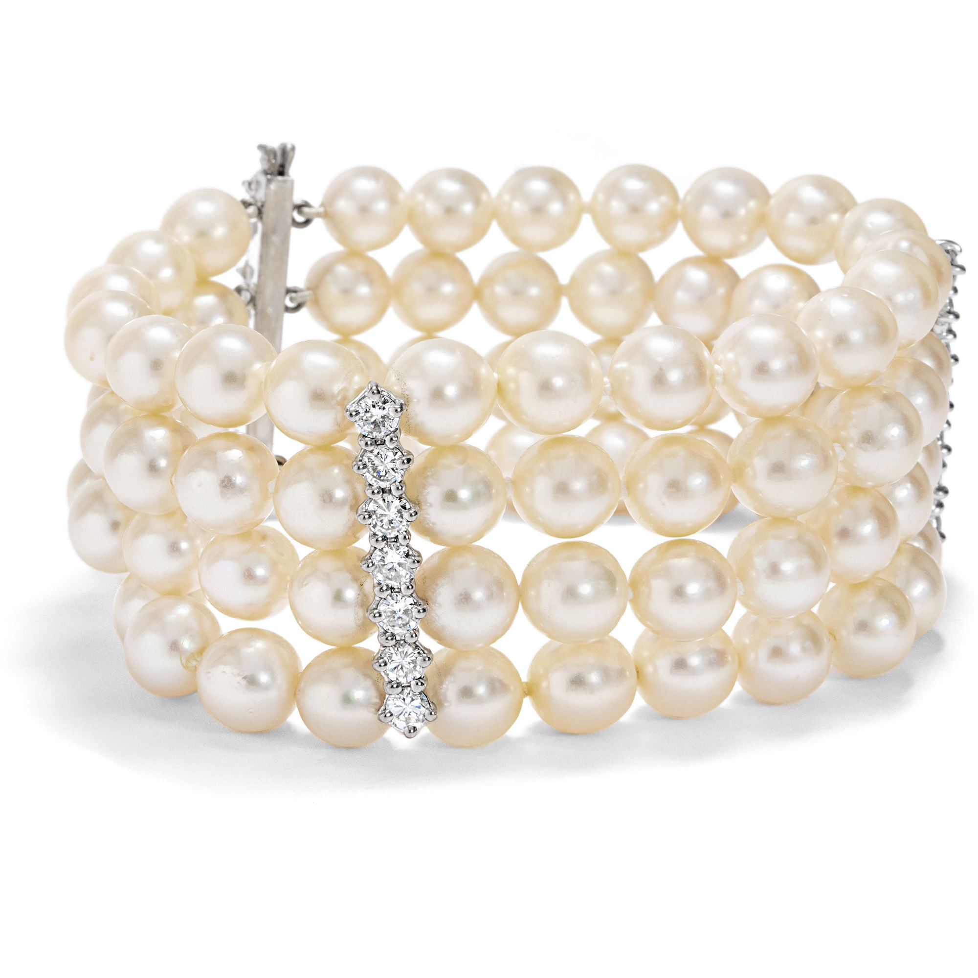 Magnificent Vintage Bracelet in Four Rows of Pearls & Diamonds, ca. 1970