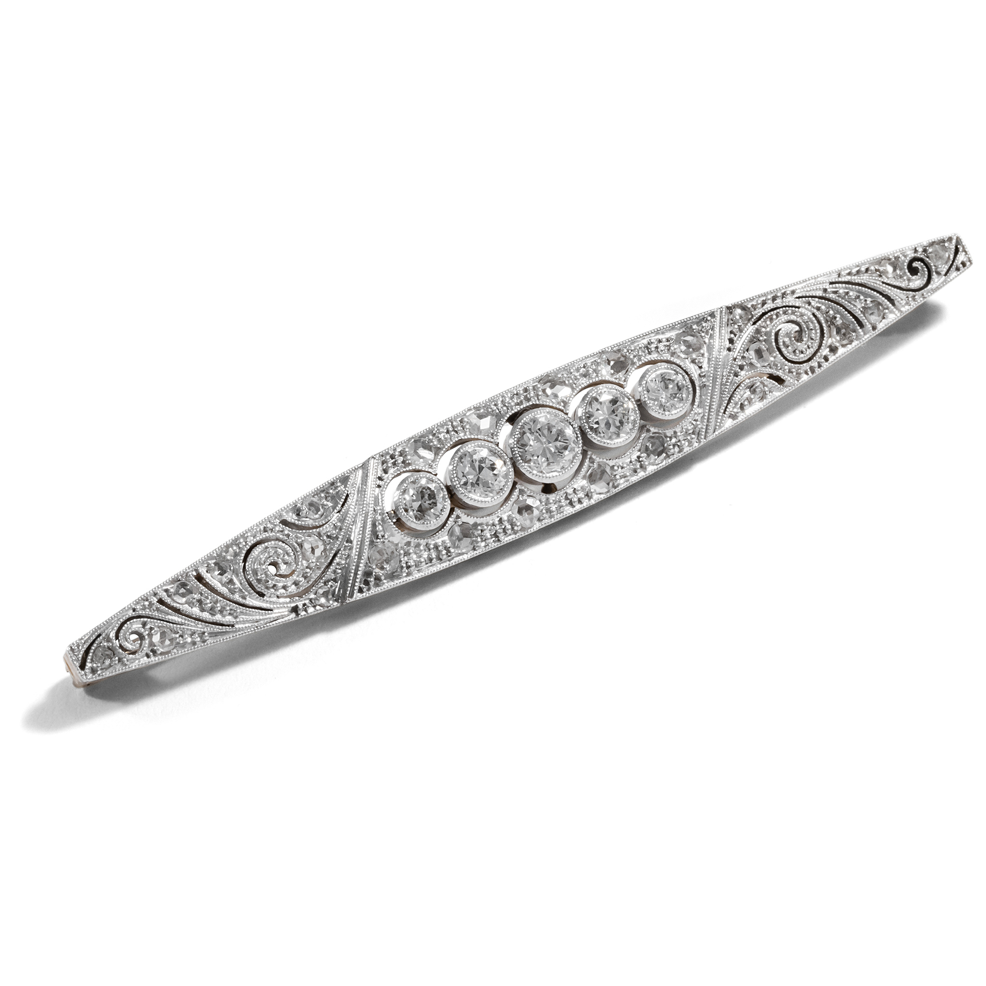 Fine Antique Bar Brooch with Diamonds in Platinum on Gold, Germany ca. 1930