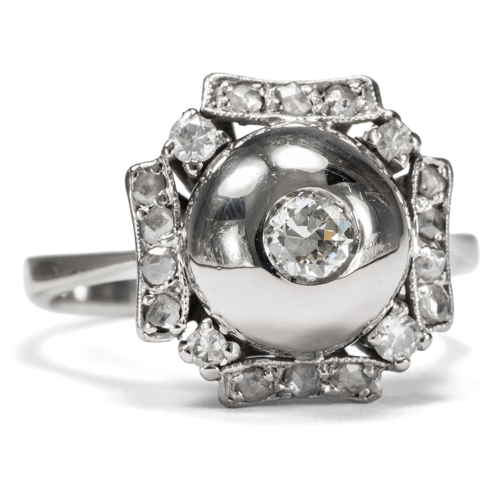 Unusual Vintage White Gold Ring with Antique Diamonds, circa 1970