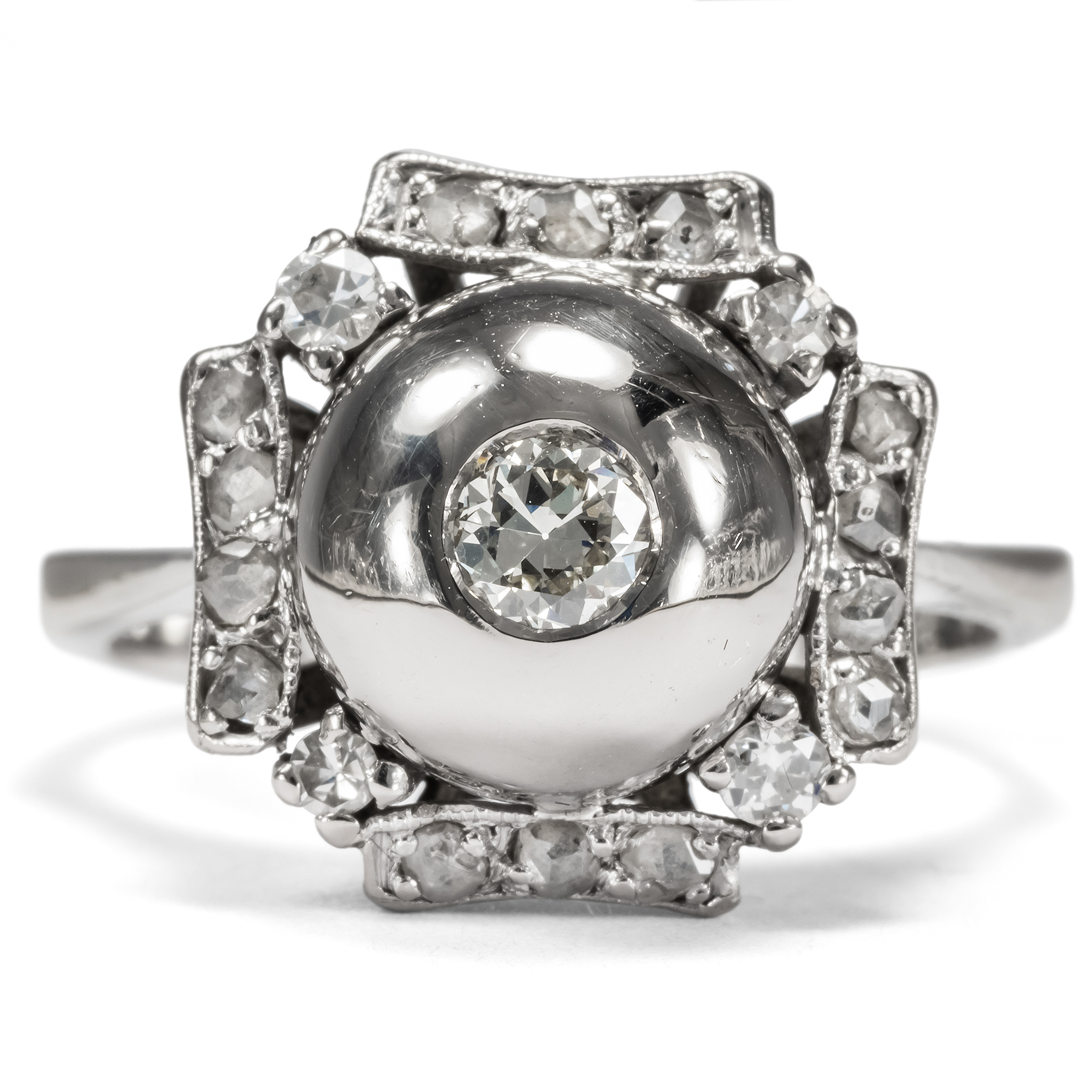 Unusual Vintage White Gold Ring with Antique Diamonds, circa 1970