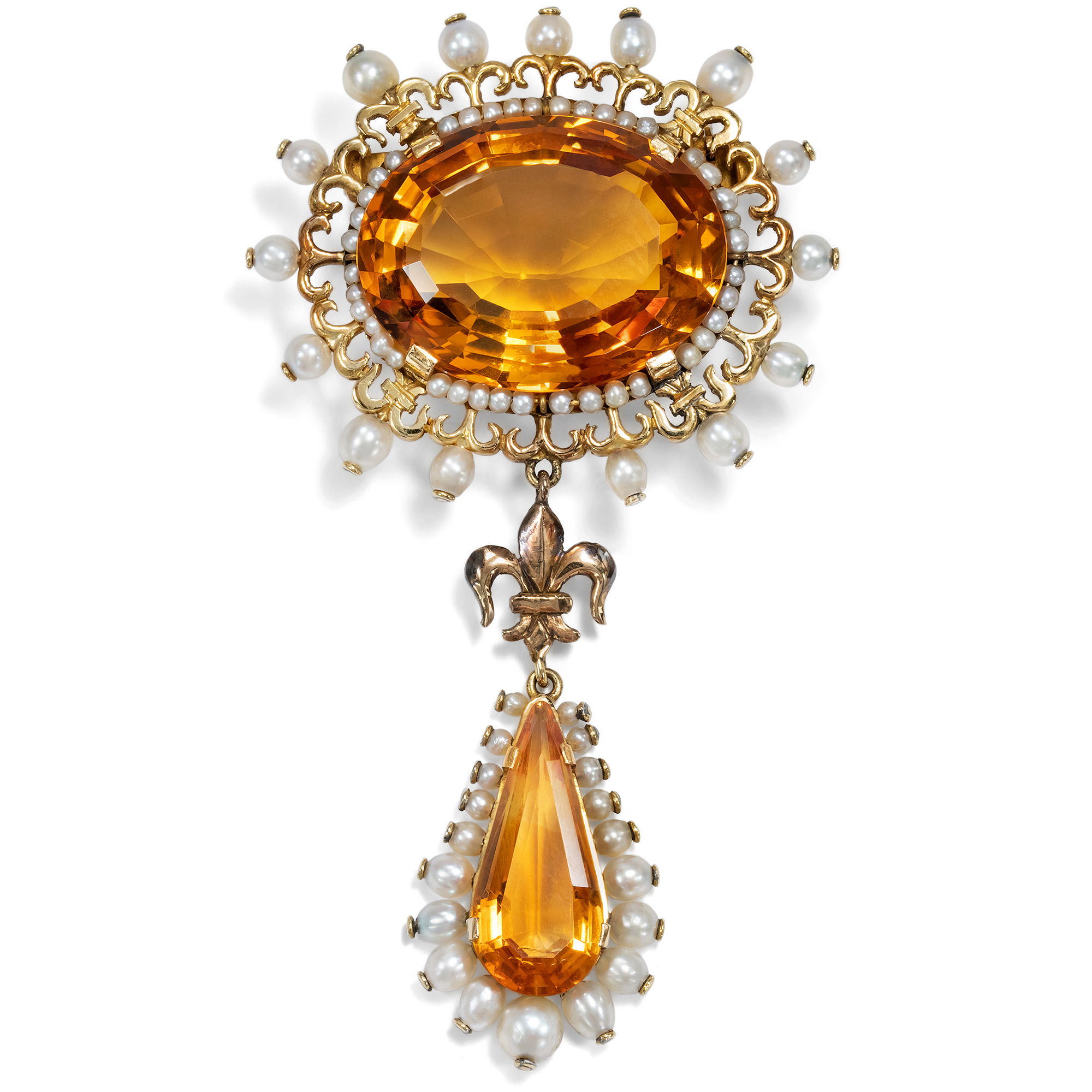 Unusual Citrine and Natural Pearl Brooch in Gold, c. 1910